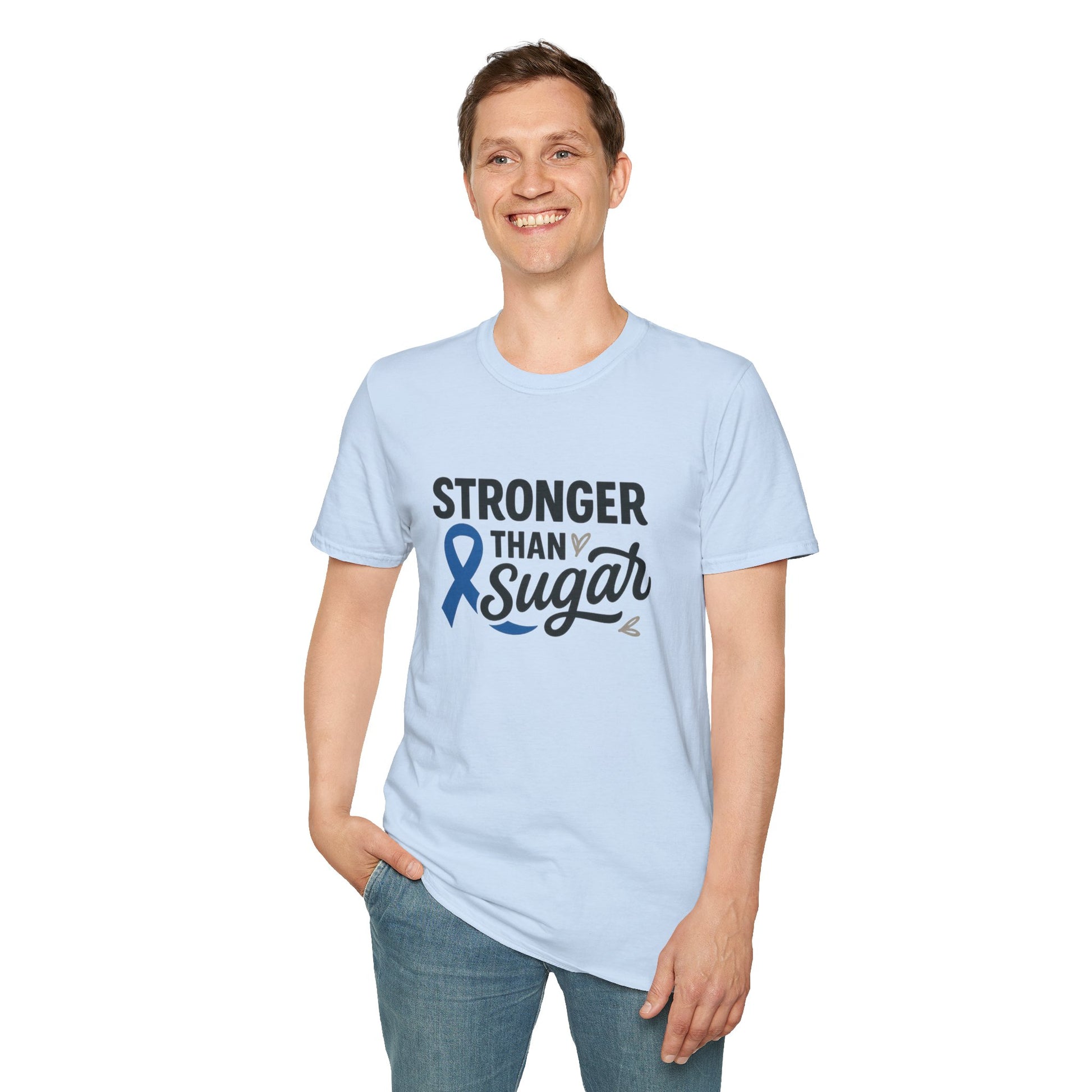 Man wearing Light Blue Stronger Than Sugar t-shirt — classic unisex awareness tee with blue ribbon symbolizing diabetes strength.