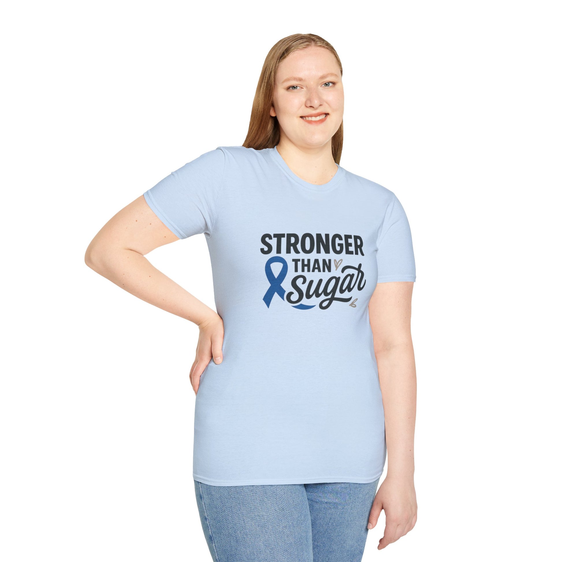 Woman wearing Light Blue Stronger Than Sugar t-shirt — empowering diabetes awareness shirt encouraging advocacy and positivity.