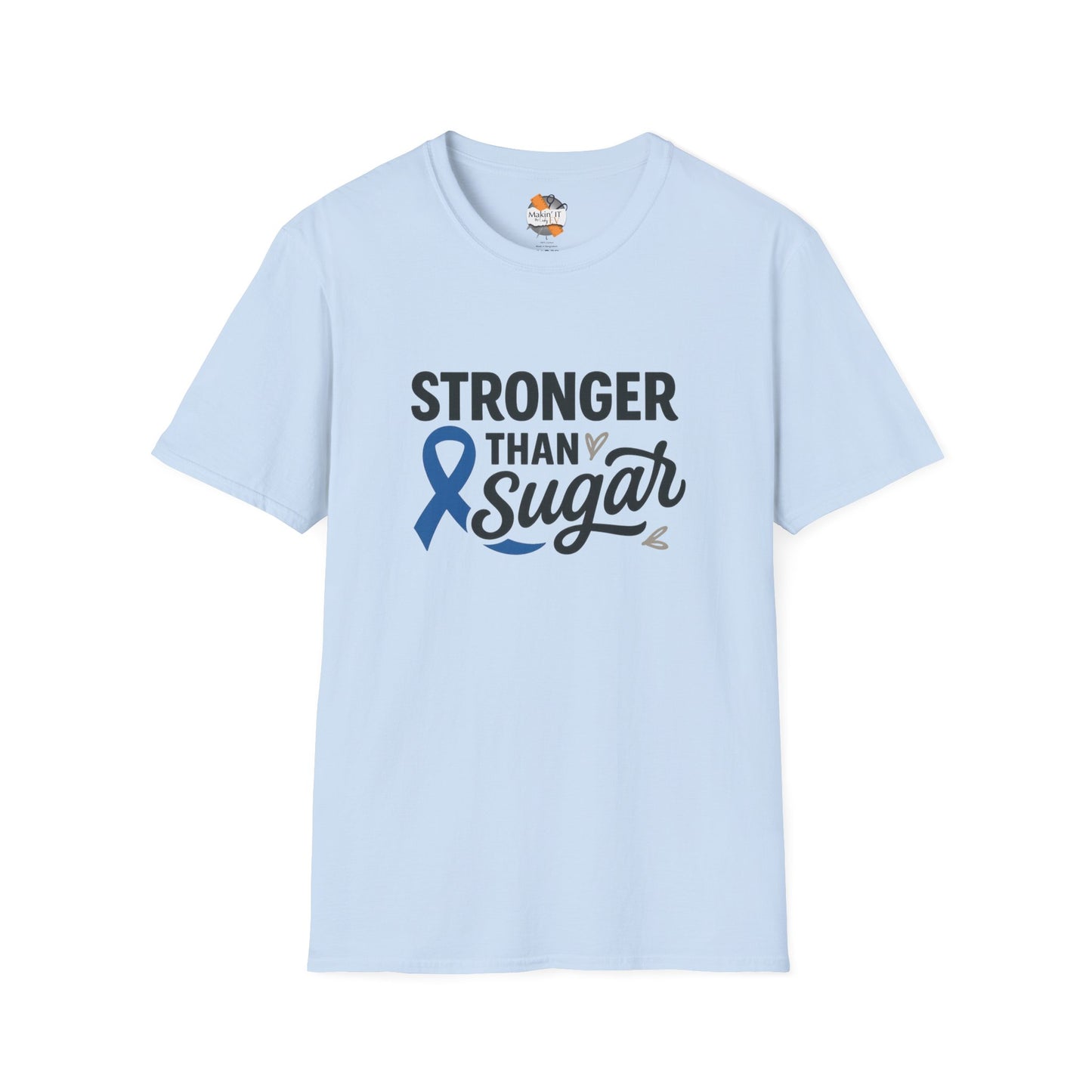 Light blue Stronger Than Sugar adult unisex t-shirt — soft cotton diabetes awareness tee with blue ribbon design symbolizing hope and strength.