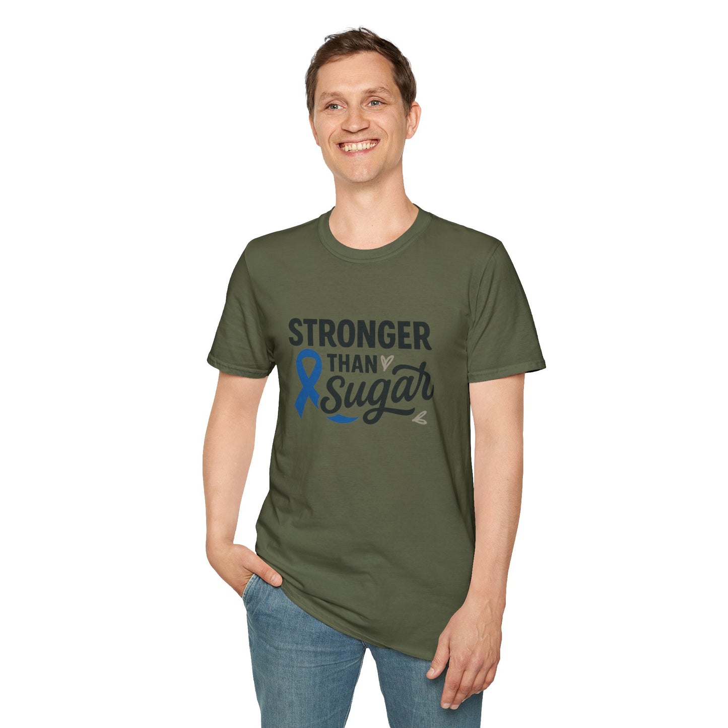 Man wearing Military Green Stronger Than Sugar t-shirt — classic unisex awareness tee with blue ribbon symbolizing diabetes strength.