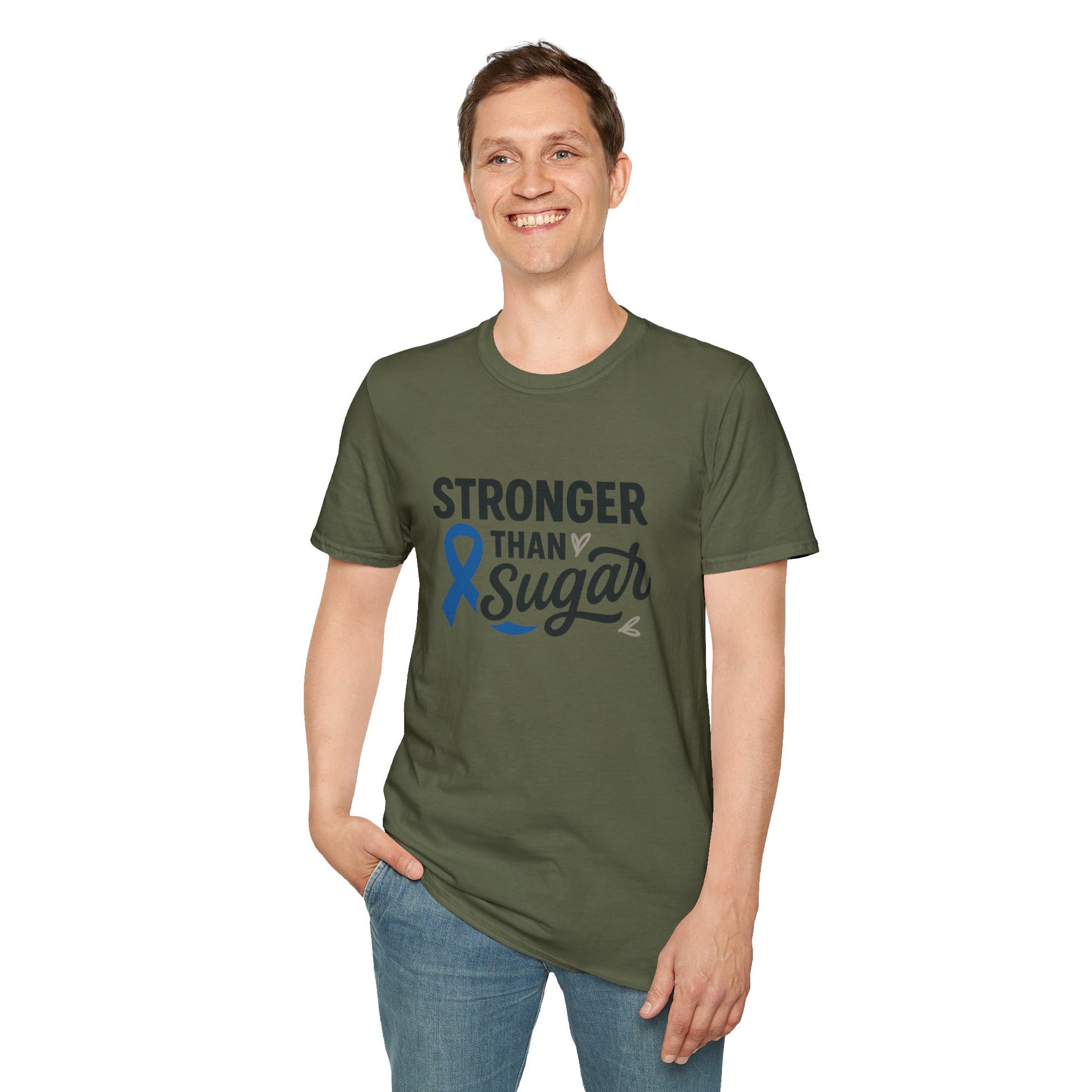 Man wearing Military Green Stronger Than Sugar t-shirt — classic unisex awareness tee with blue ribbon symbolizing diabetes strength.