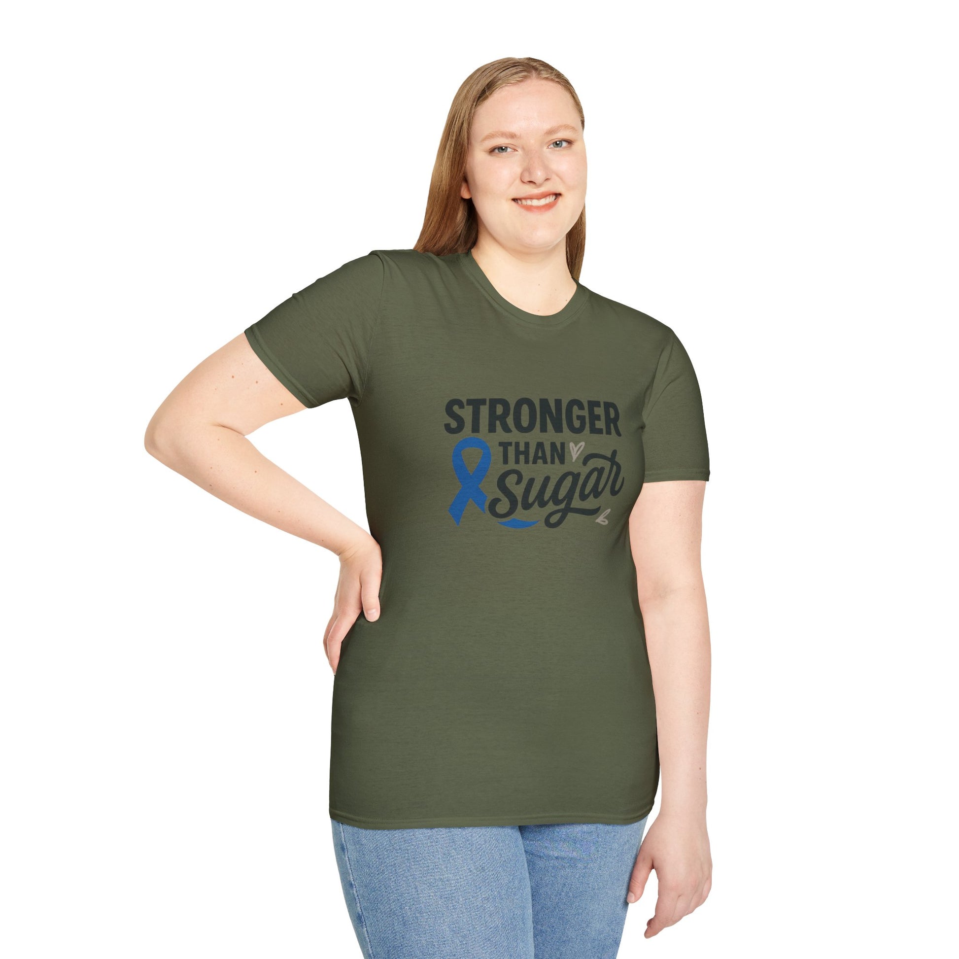 Woman wearing Military Green Stronger Than Sugar t-shirt — empowering diabetes awareness shirt encouraging advocacy and positivity.