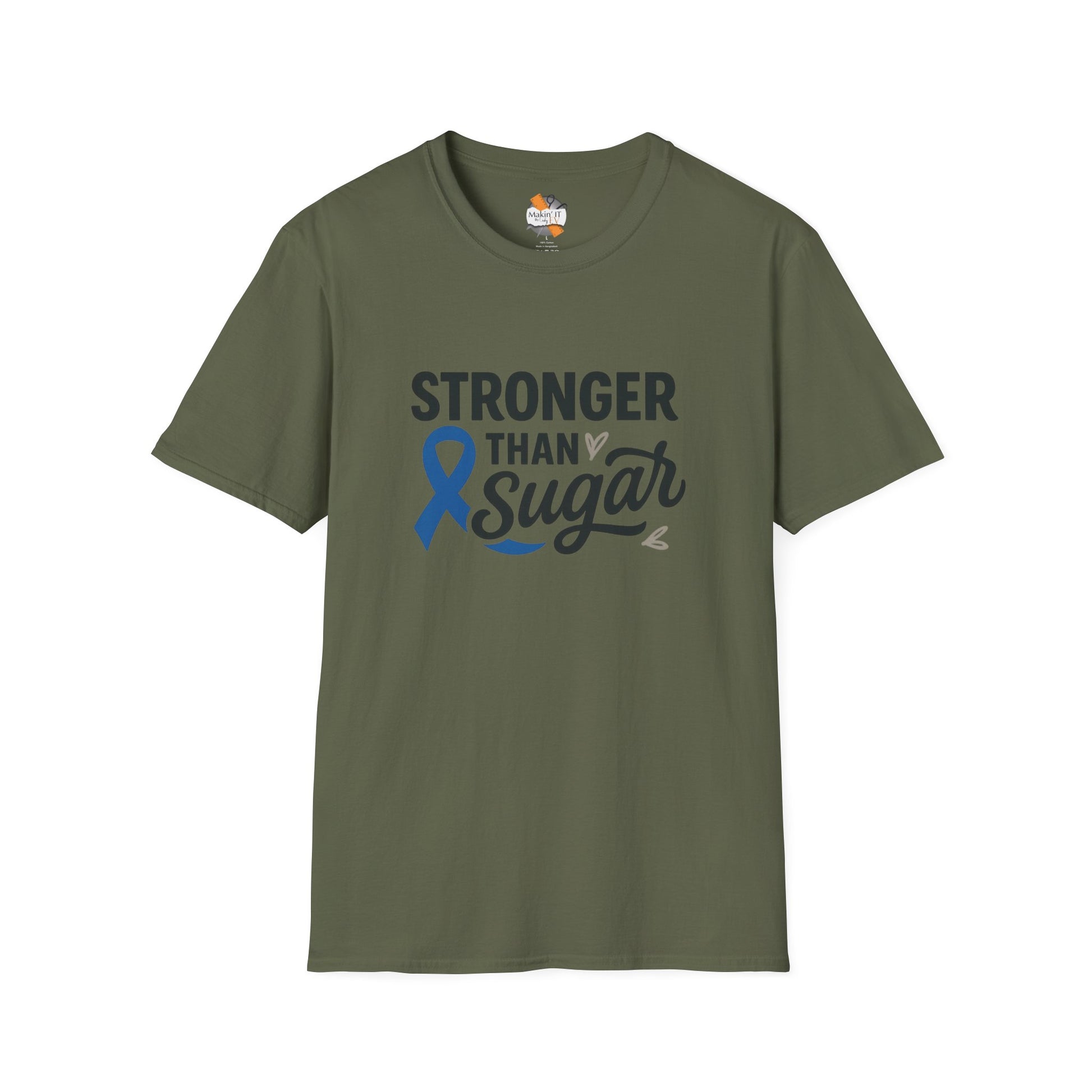 Military green Stronger Than Sugar adult unisex t-shirt — earthy green awareness tee for diabetes supporters showing strength and solidarity.