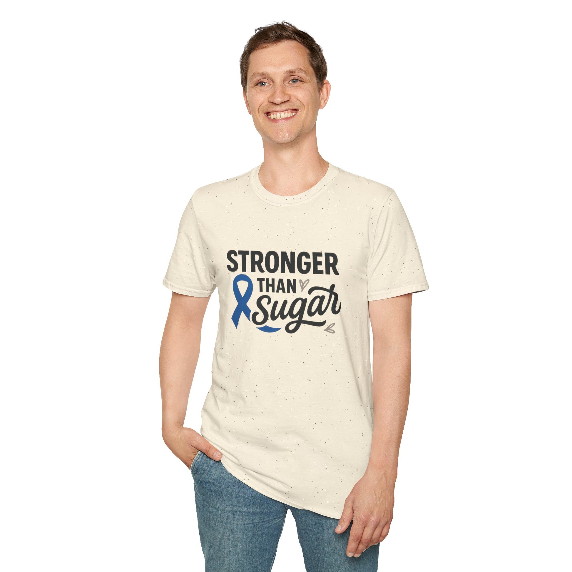 Man wearing Natural Stronger Than Sugar t-shirt — classic unisex awareness tee with blue ribbon symbolizing diabetes strength.
