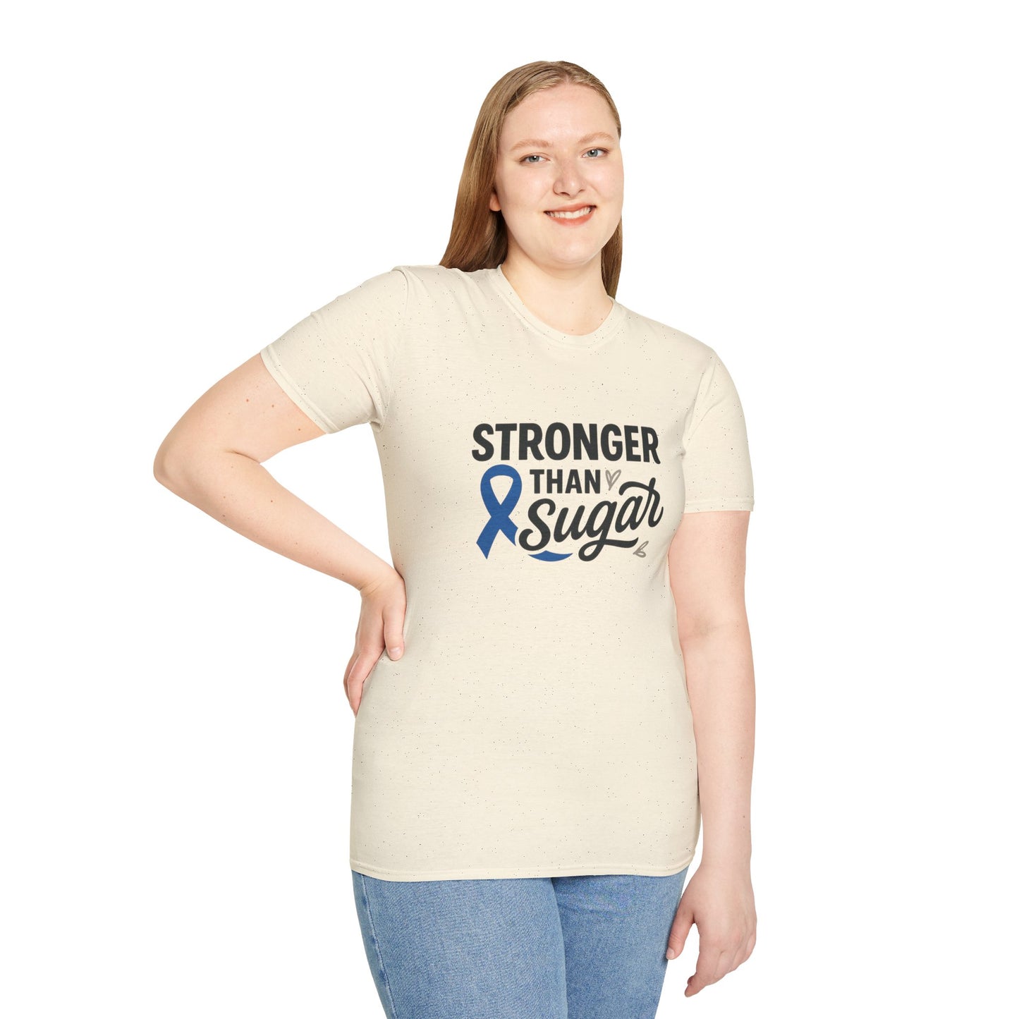 Woman wearing Natural Stronger Than Sugar t-shirt — empowering diabetes awareness shirt encouraging advocacy and positivity.