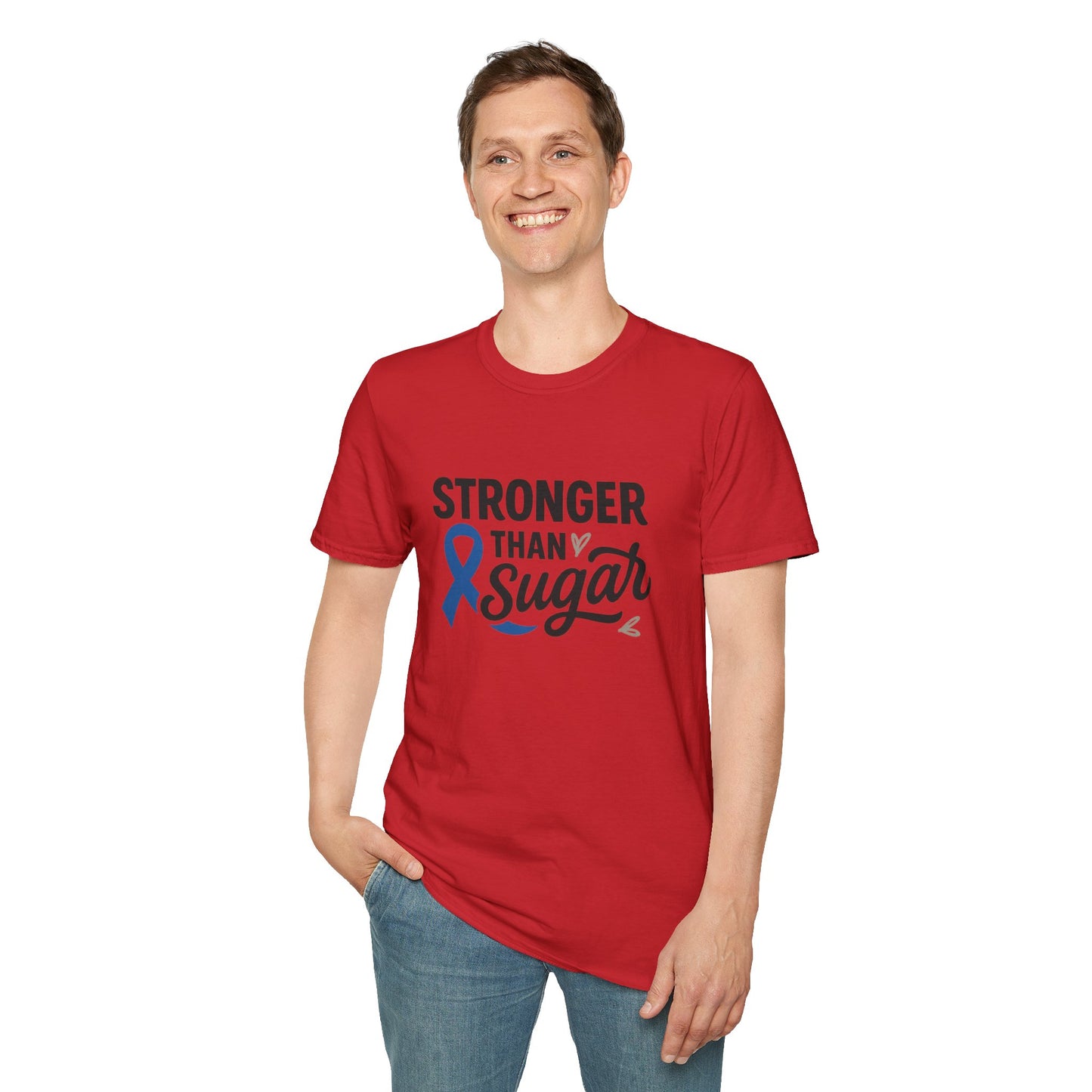 Man wearing red Stronger Than Sugar t-shirt — casual unisex awareness tee for diabetes strength and blue ribbon support.