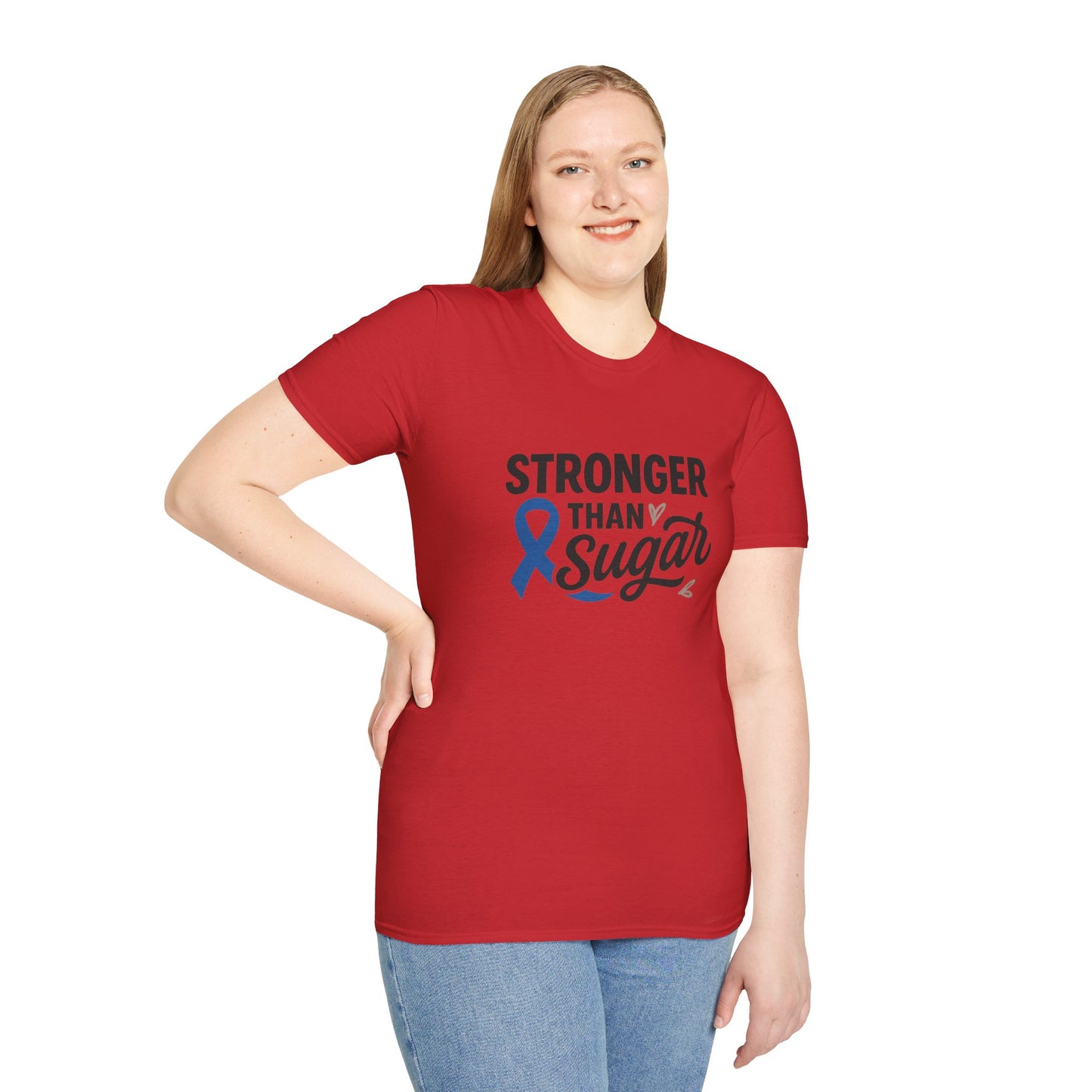 Woman wearing red Stronger Than Sugar t-shirt — empowering diabetes awareness shirt promoting resilience, advocacy, and community support.