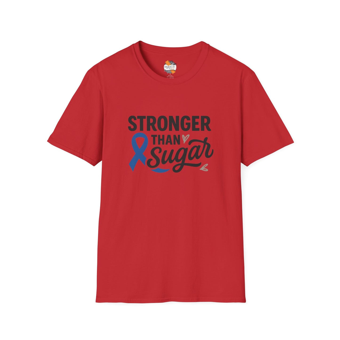 Red Stronger Than Sugar adult unisex t-shirt — bold red diabetes awareness tee symbolizing courage, strength, and advocacy.