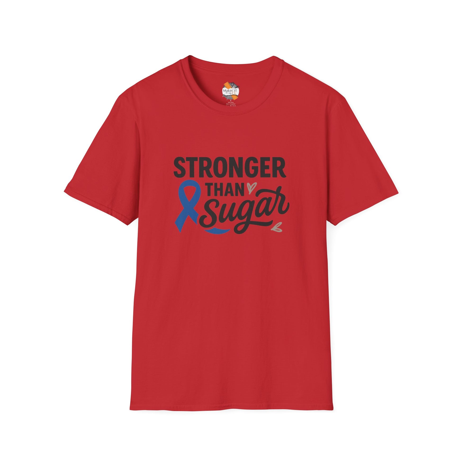 Red Stronger Than Sugar adult unisex t-shirt — bold red diabetes awareness tee symbolizing courage, strength, and advocacy.