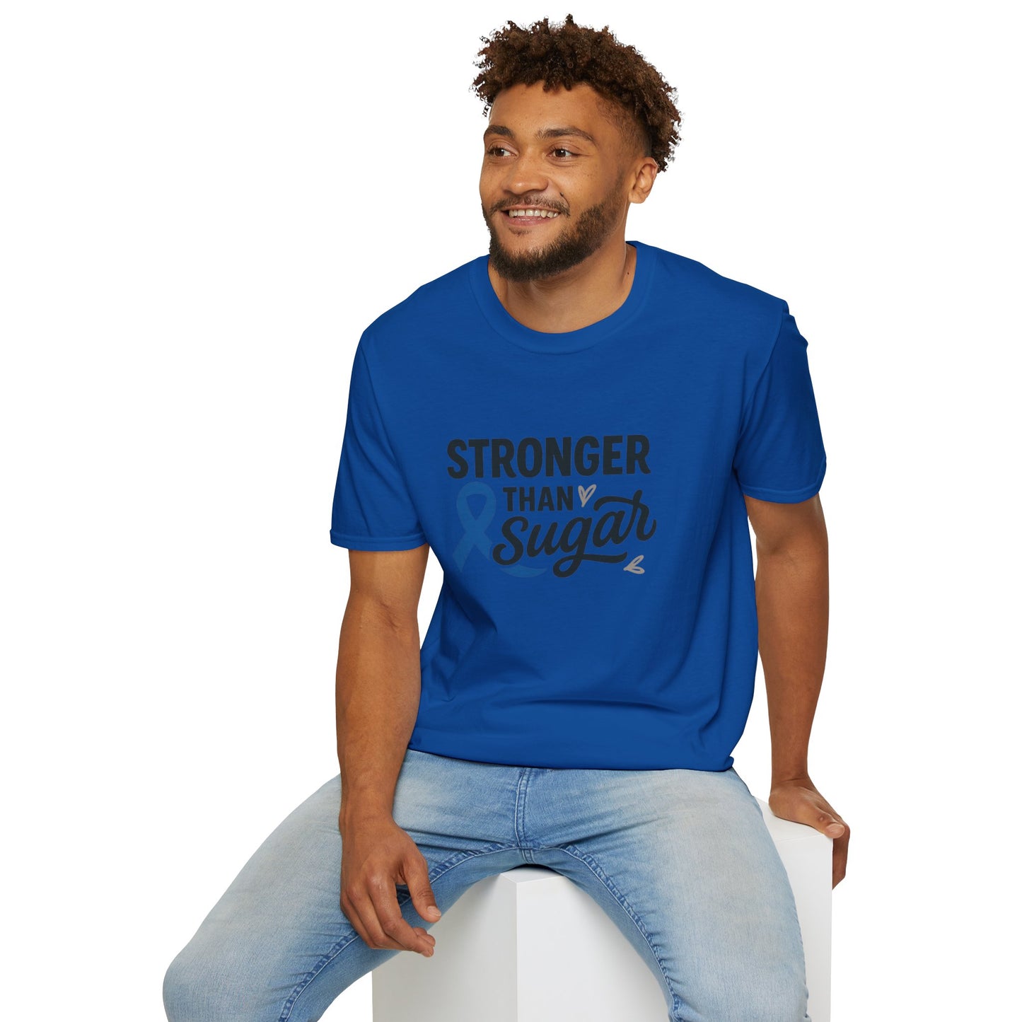 Man seated wearing Royal Blue Stronger Than Sugar t-shirt — soft cotton-blend awareness tee for diabetes warriors and supporters alike.