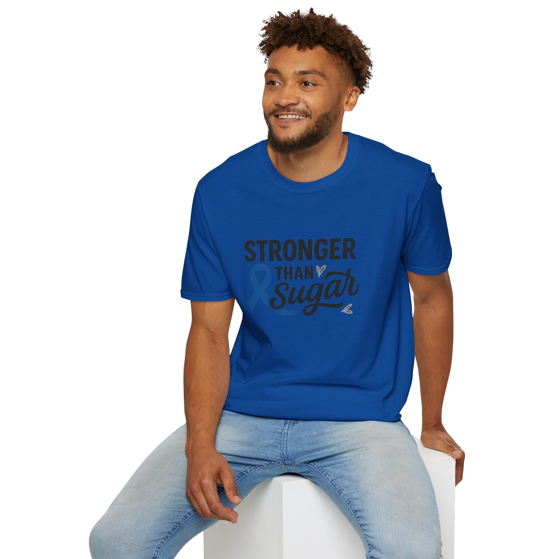 Man seated wearing Royal Blue Stronger Than Sugar t-shirt — soft cotton-blend awareness tee for diabetes warriors and supporters alike.