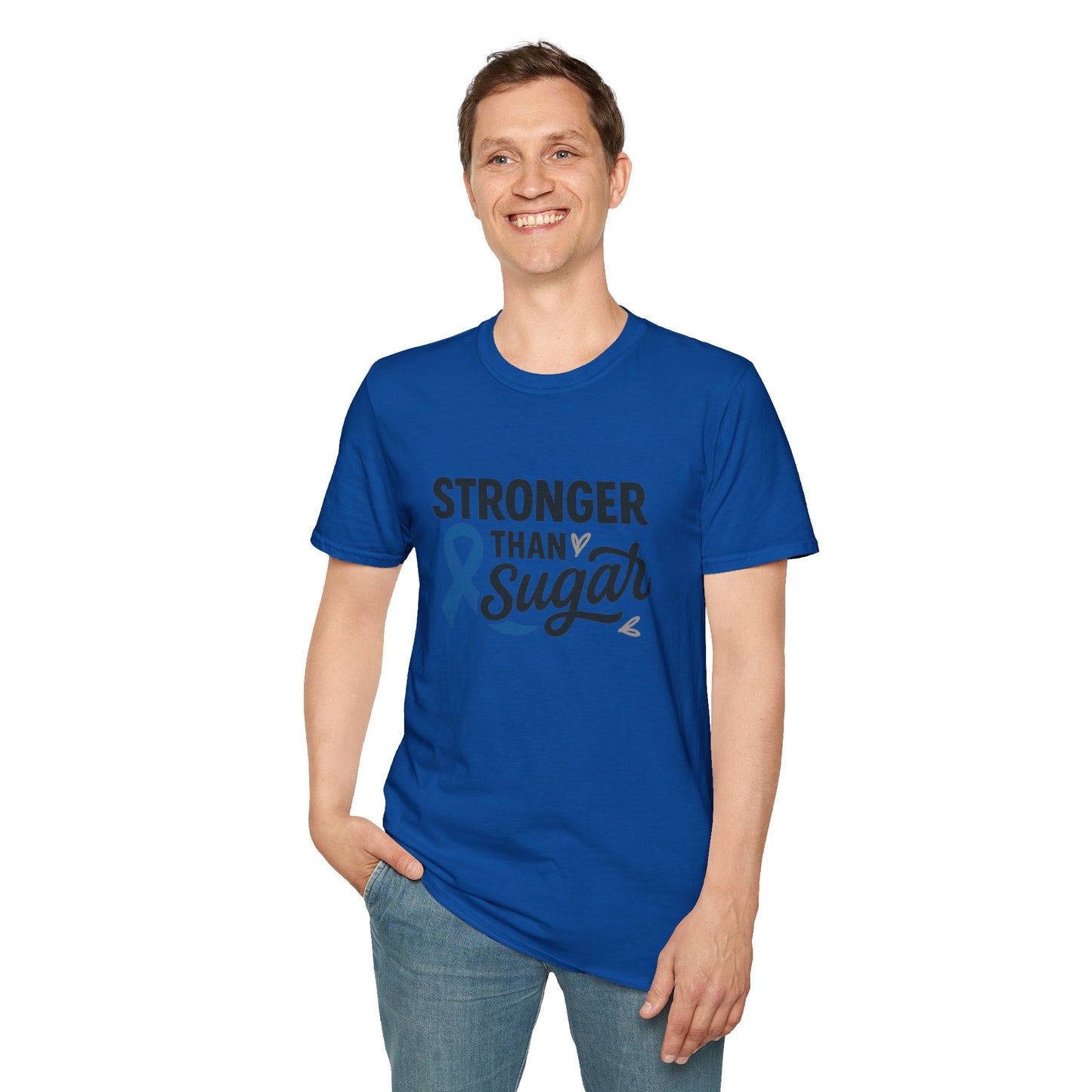 Man wearing Royal Blue Stronger Than Sugar t-shirt — classic unisex awareness tee with blue ribbon symbolizing diabetes strength.