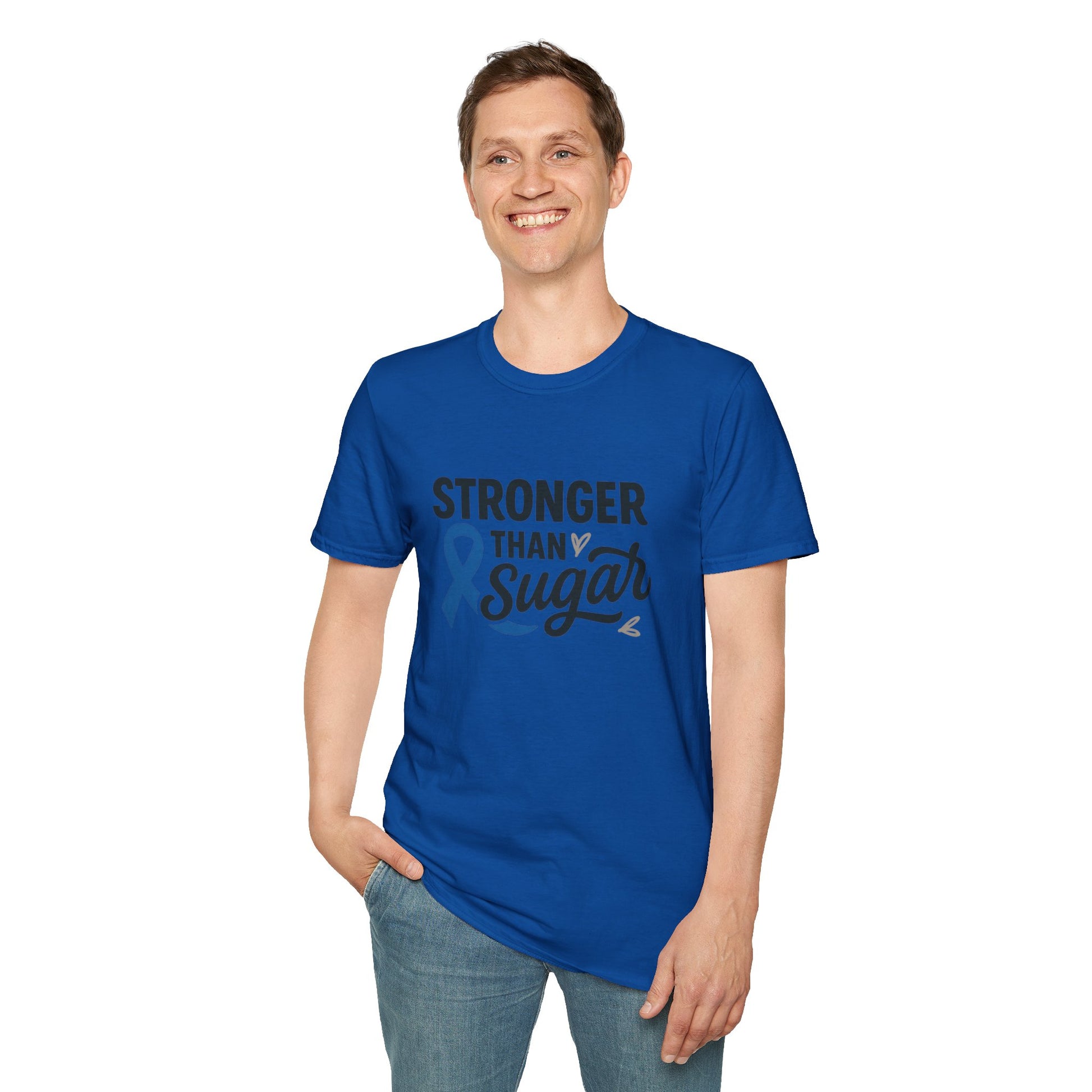Man wearing Royal Blue Stronger Than Sugar t-shirt — classic unisex awareness tee with blue ribbon symbolizing diabetes strength.