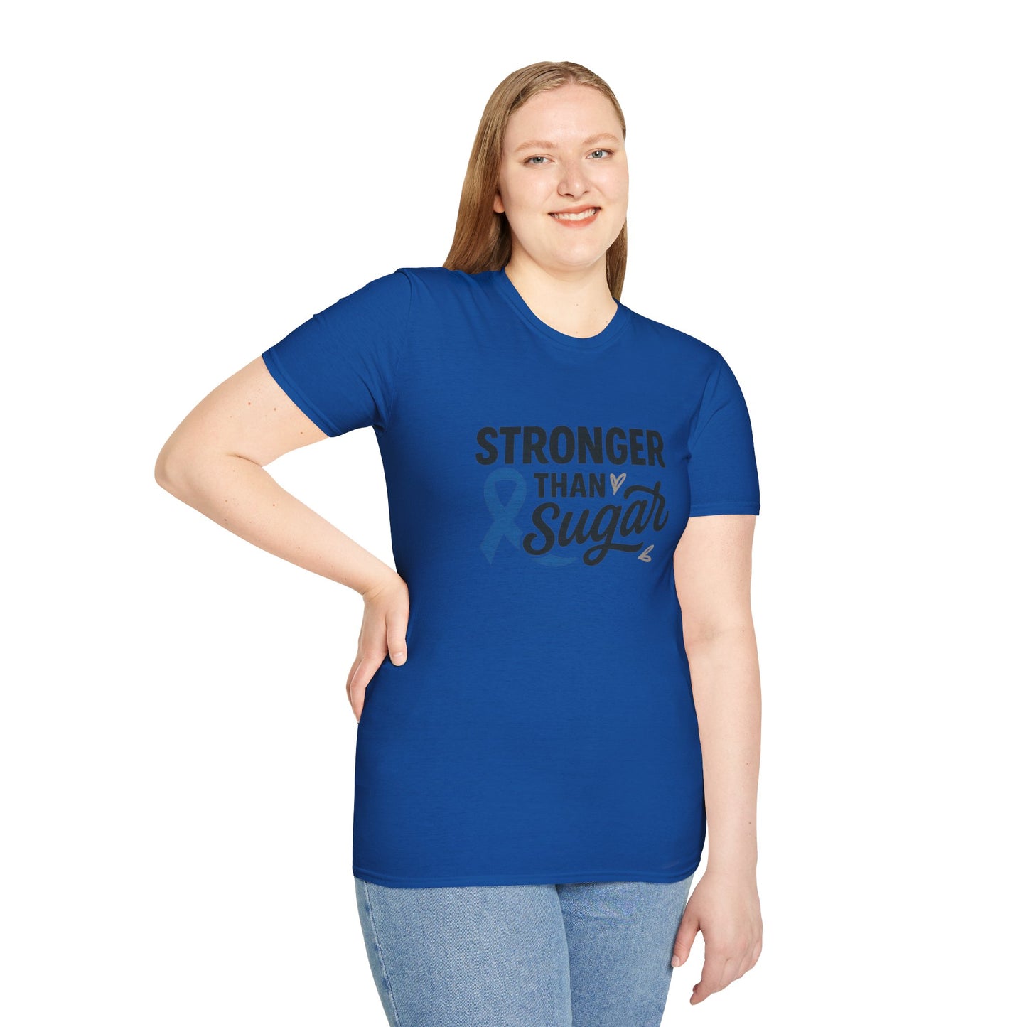 Woman wearing Royal Blue Stronger Than Sugar t-shirt — empowering diabetes awareness shirt encouraging advocacy and positivity.