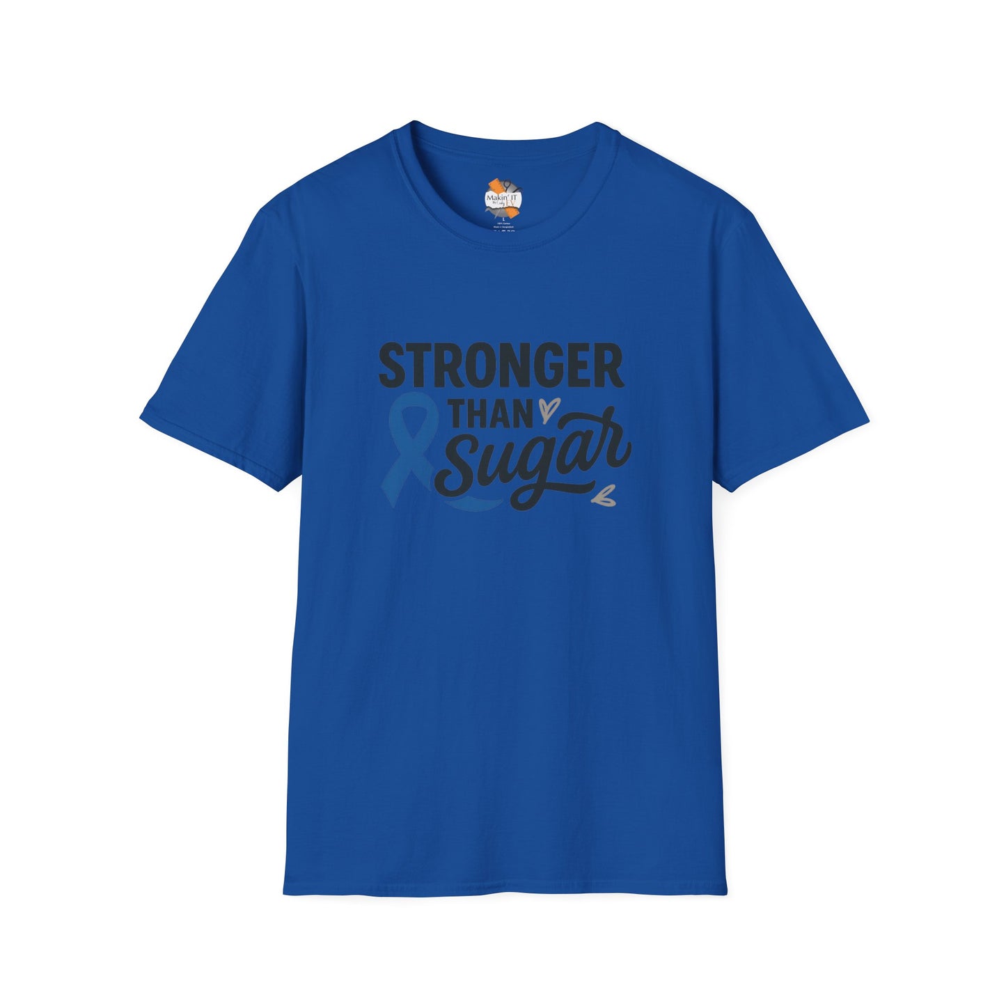 Royal blue Stronger Than Sugar adult unisex t-shirt — bold awareness tee featuring blue ribbon graphic and inspirational message for diabetes advocacy.