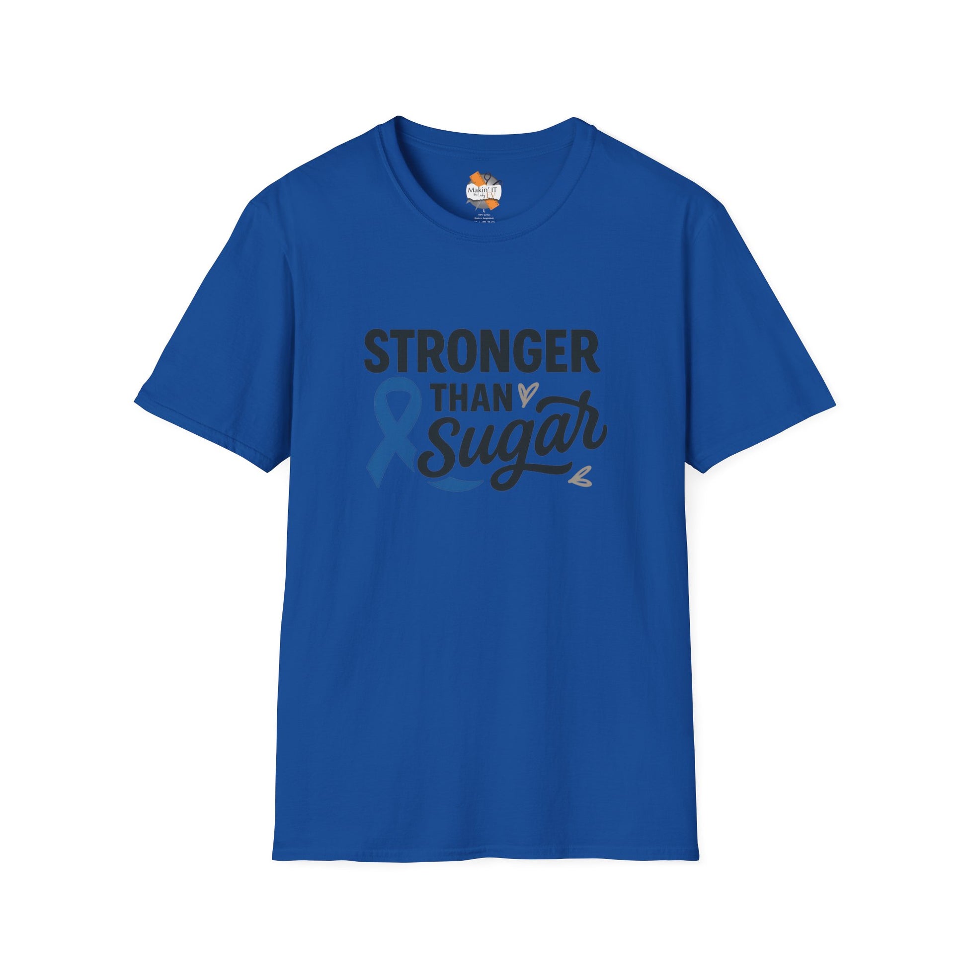 Royal blue Stronger Than Sugar adult unisex t-shirt — bold awareness tee featuring blue ribbon graphic and inspirational message for diabetes advocacy.