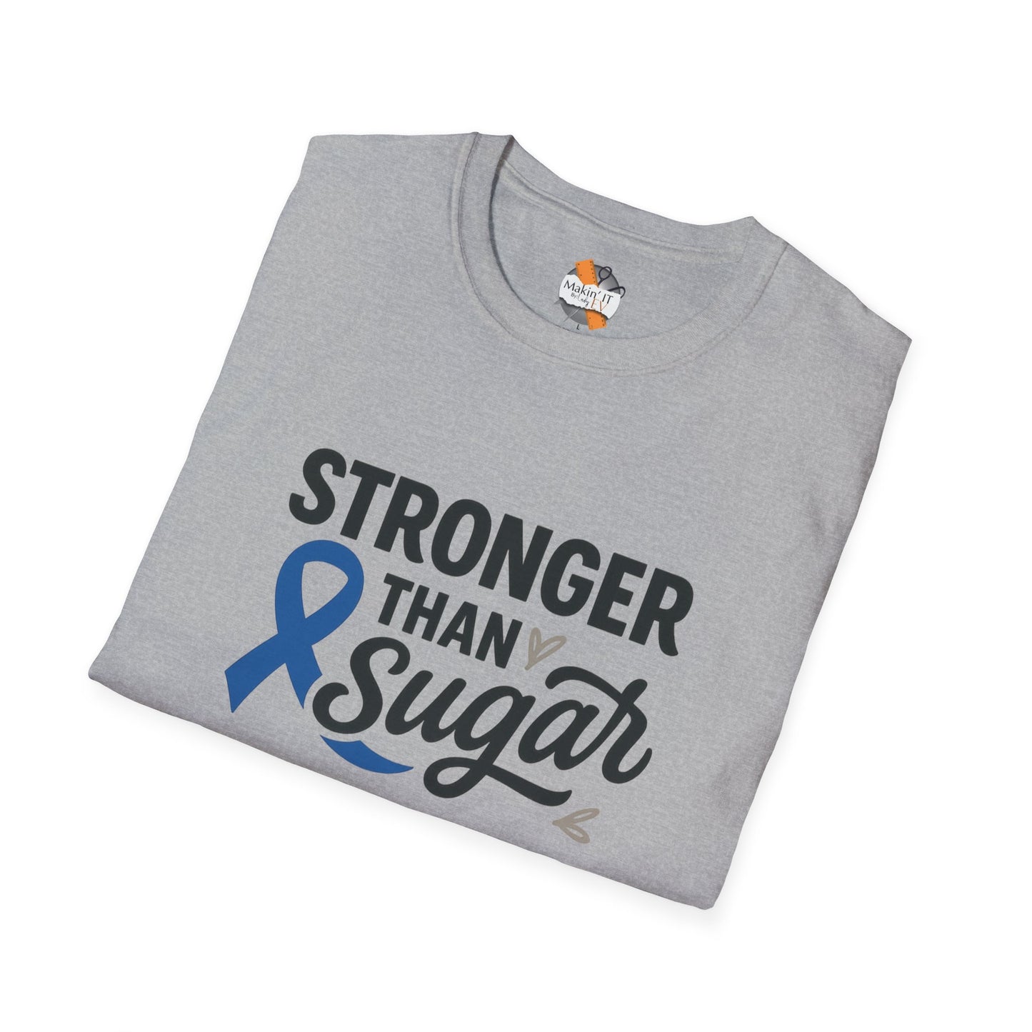 Folded Sport Grey Stronger Than Sugar t-shirt — soft awareness tee with blue ribbon design promoting diabetes strength and hope.