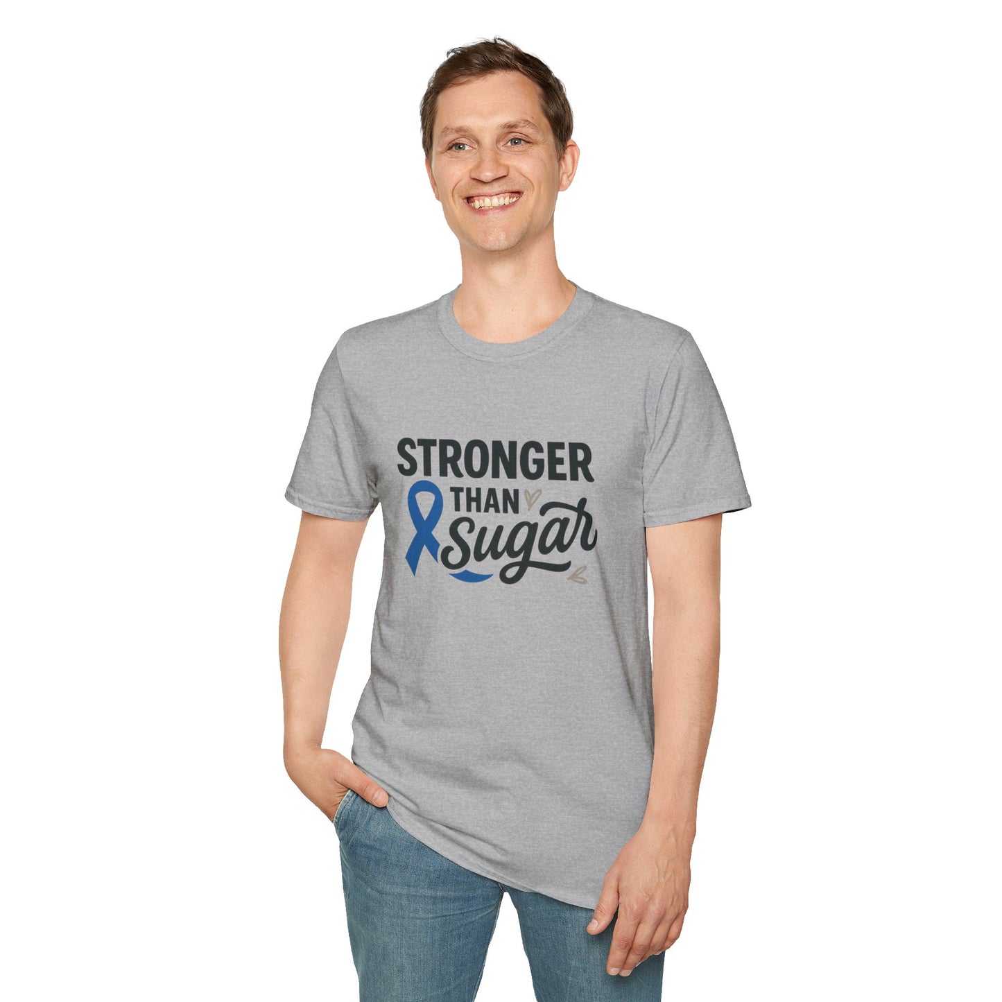 Man wearing Sport Grey Stronger Than Sugar t-shirt — classic unisex awareness tee with blue ribbon symbolizing diabetes strength.