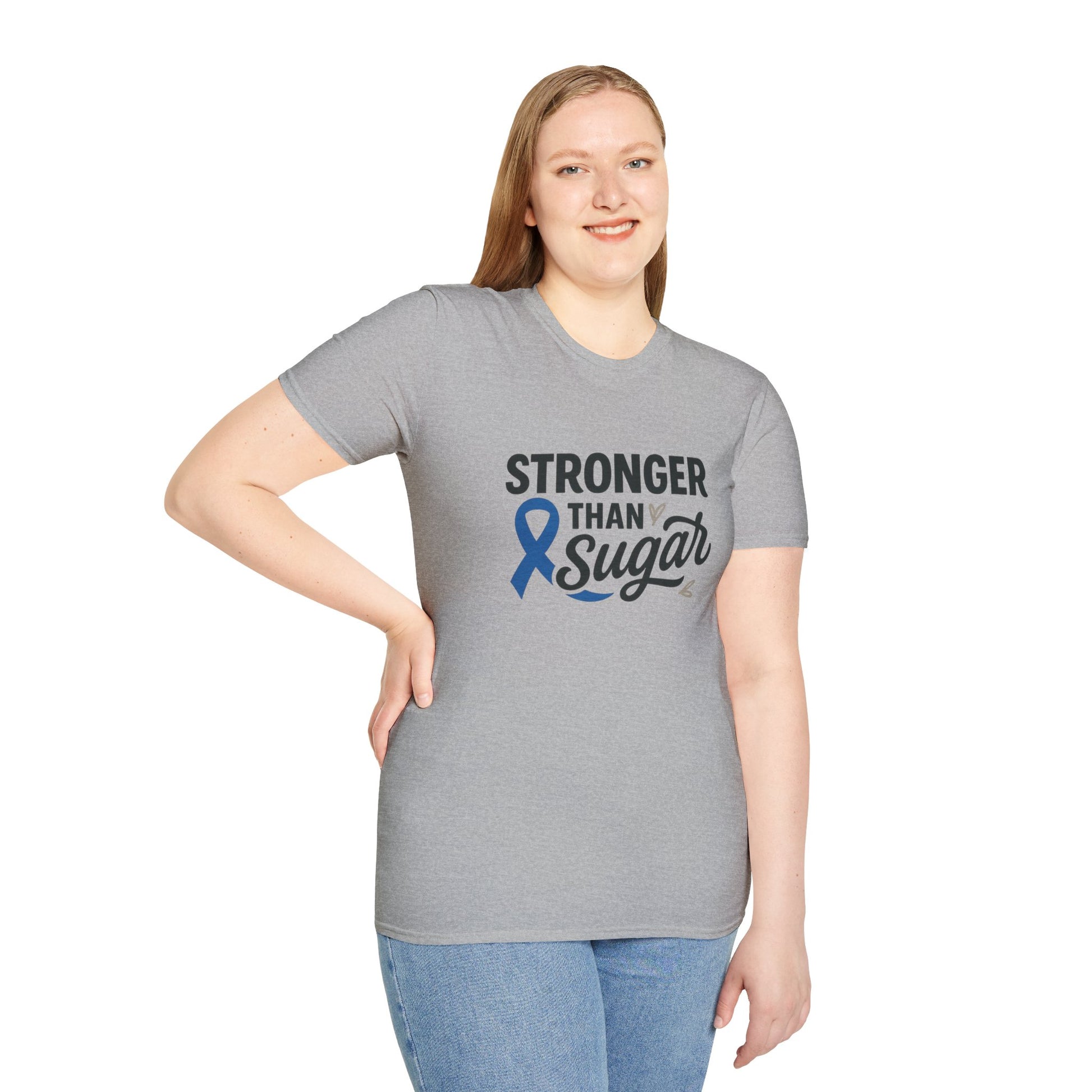 Woman wearing Sport Grey Stronger Than Sugar t-shirt — empowering diabetes awareness shirt encouraging advocacy and positivity.