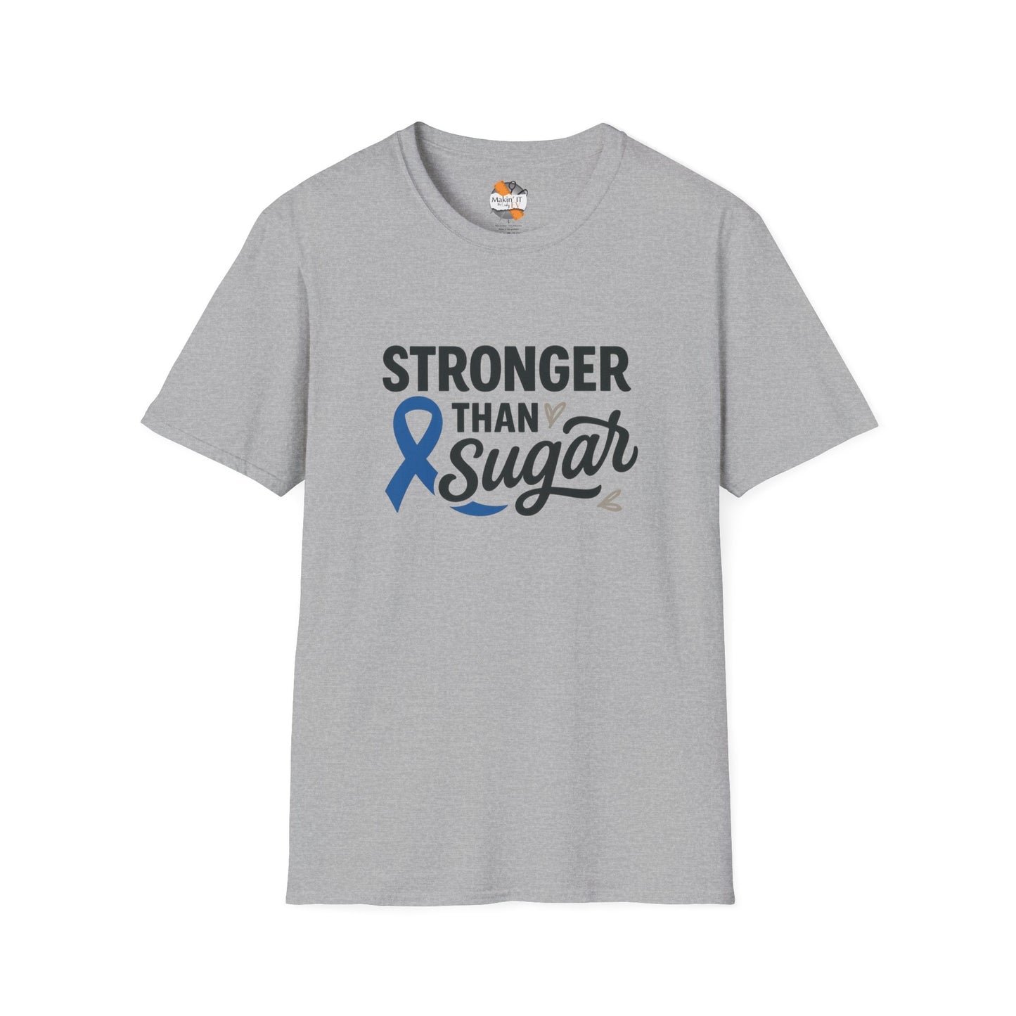 Sport grey Stronger Than Sugar adult unisex t-shirt — light heather grey awareness top promoting diabetes support, resilience, and community awareness.