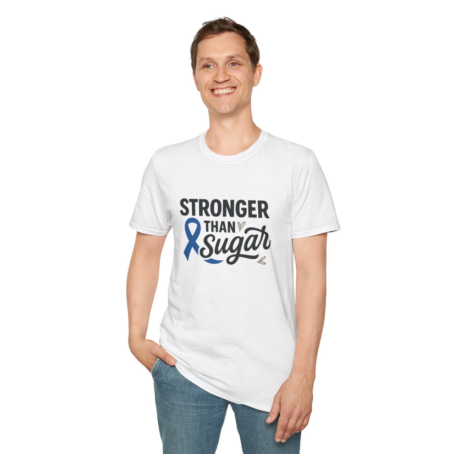 Man wearing White Stronger Than Sugar t-shirt — classic unisex awareness tee with blue ribbon symbolizing diabetes strength.