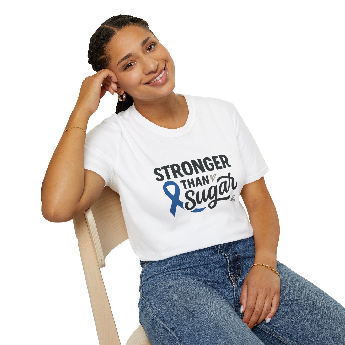Smiling woman seated wearing White Stronger Than Sugar t-shirt — comfortable awareness apparel celebrating hope and health empowerment.