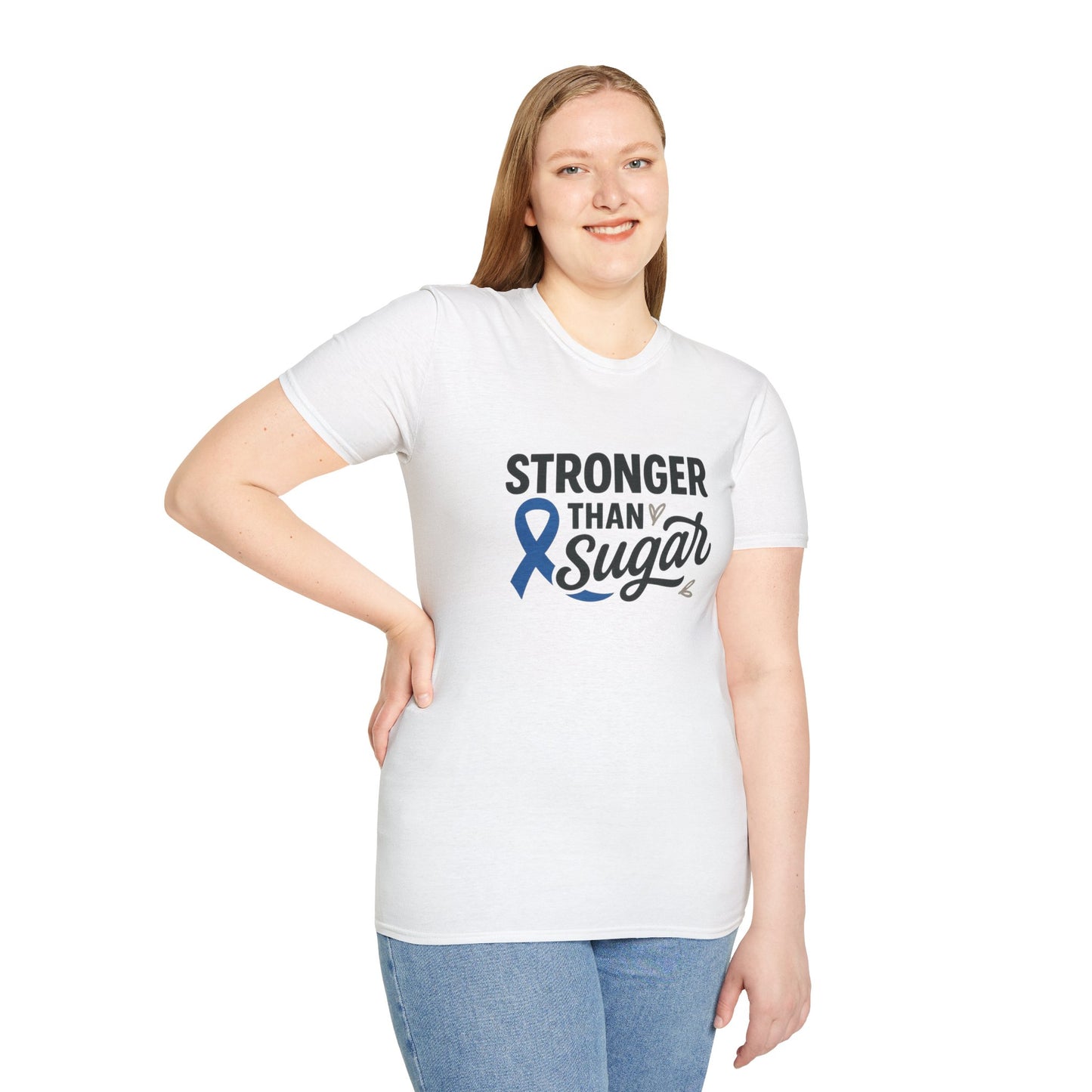 Woman wearing White Stronger Than Sugar t-shirt — empowering diabetes awareness shirt encouraging advocacy and positivity.