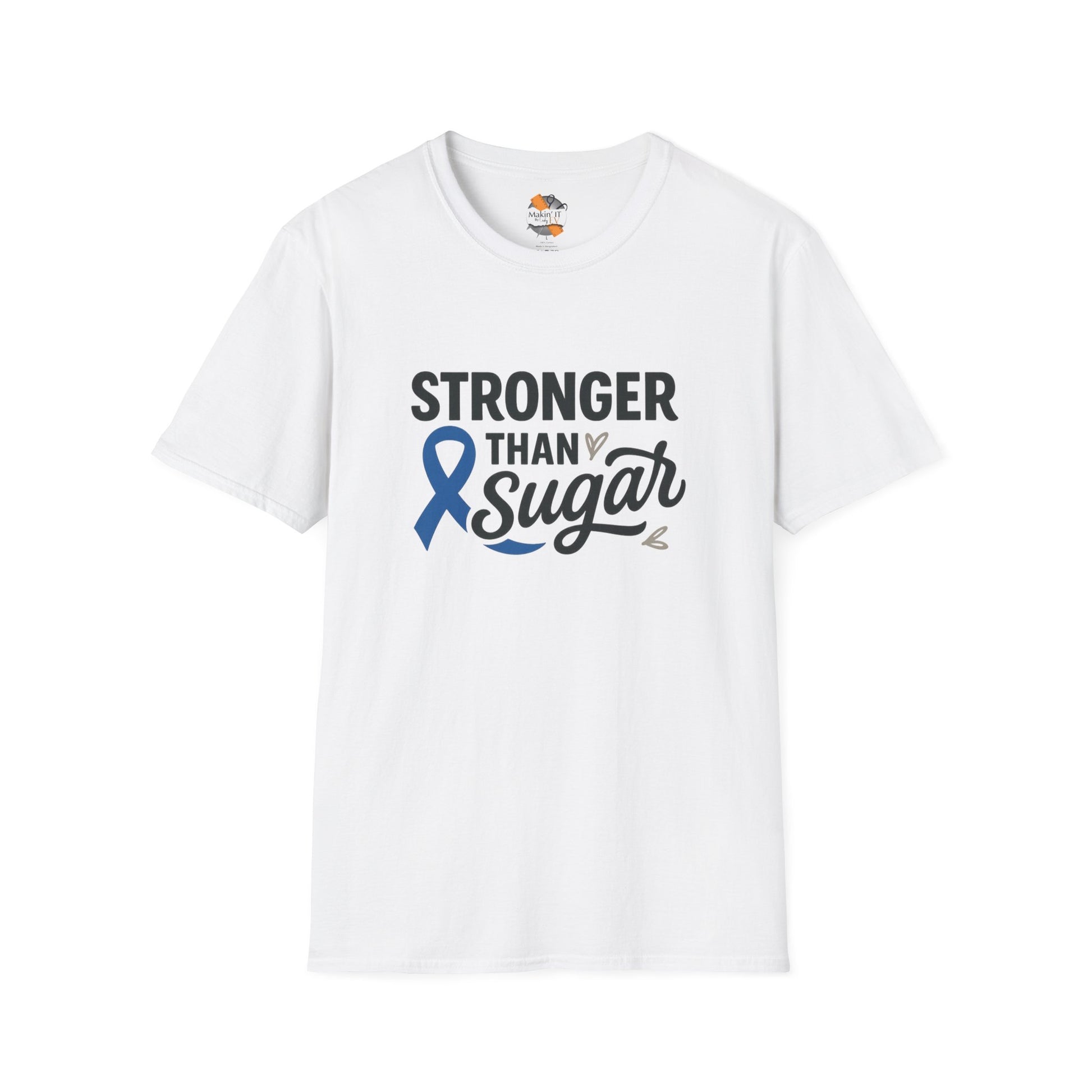 White Stronger Than Sugar adult unisex t-shirt — clean awareness tee with blue ribbon and heart details celebrating strength over sugar.