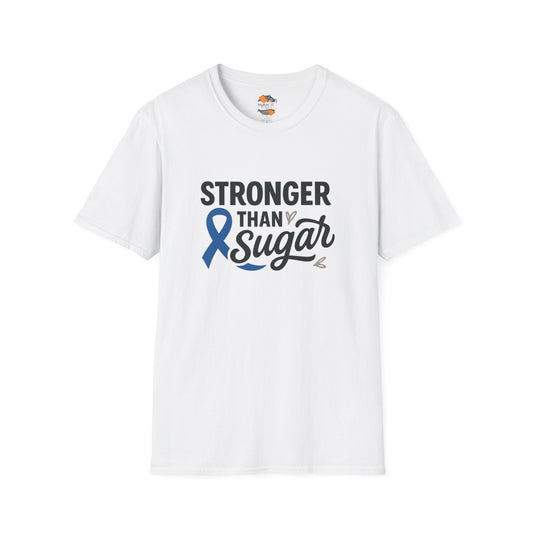 White Stronger Than Sugar adult unisex t-shirt — clean awareness tee with blue ribbon and heart details celebrating strength over sugar.