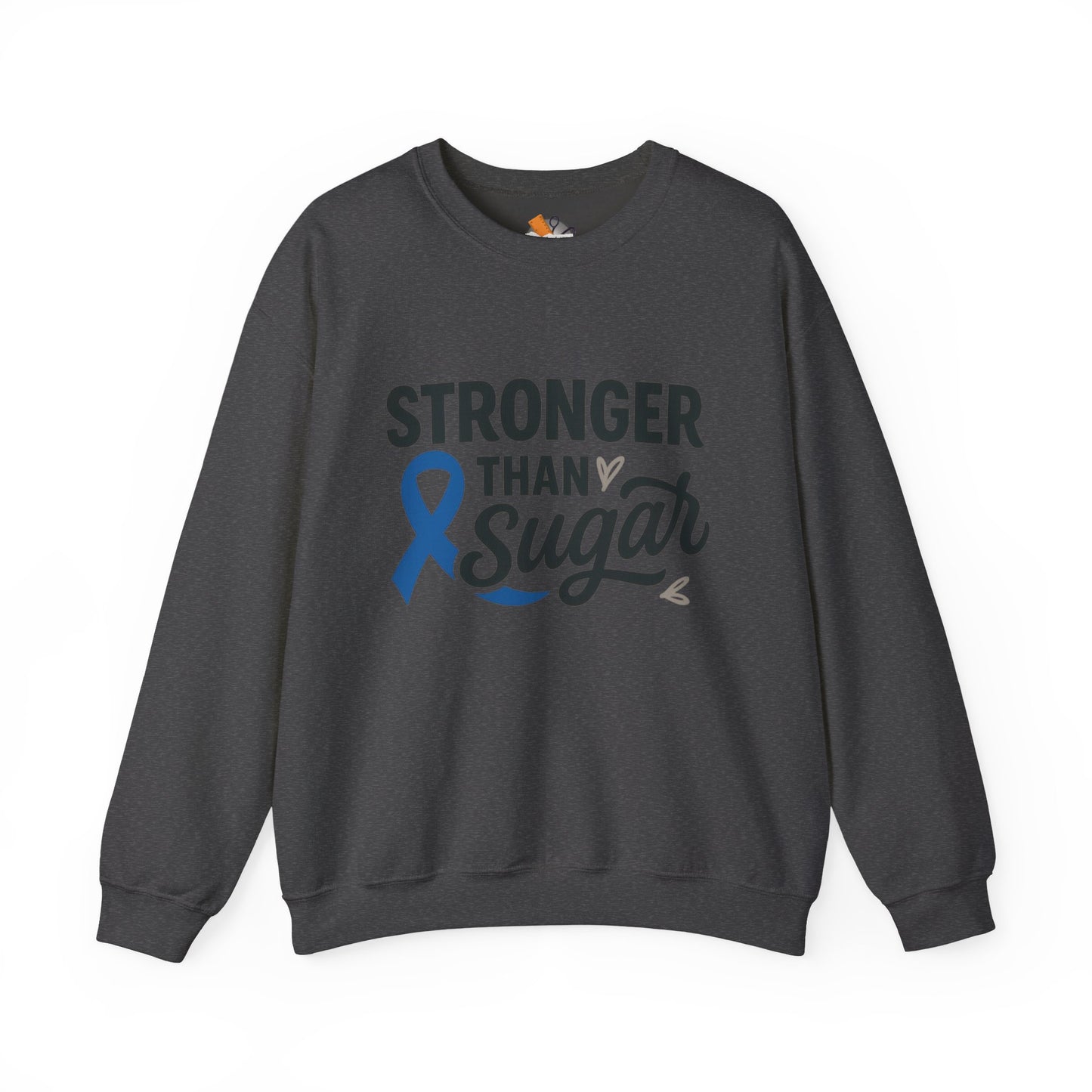Main view of heather gray Stronger Than Sugar crewneck sweatshirt — soft unisex fleece for diabetes awareness and health empowerment.
