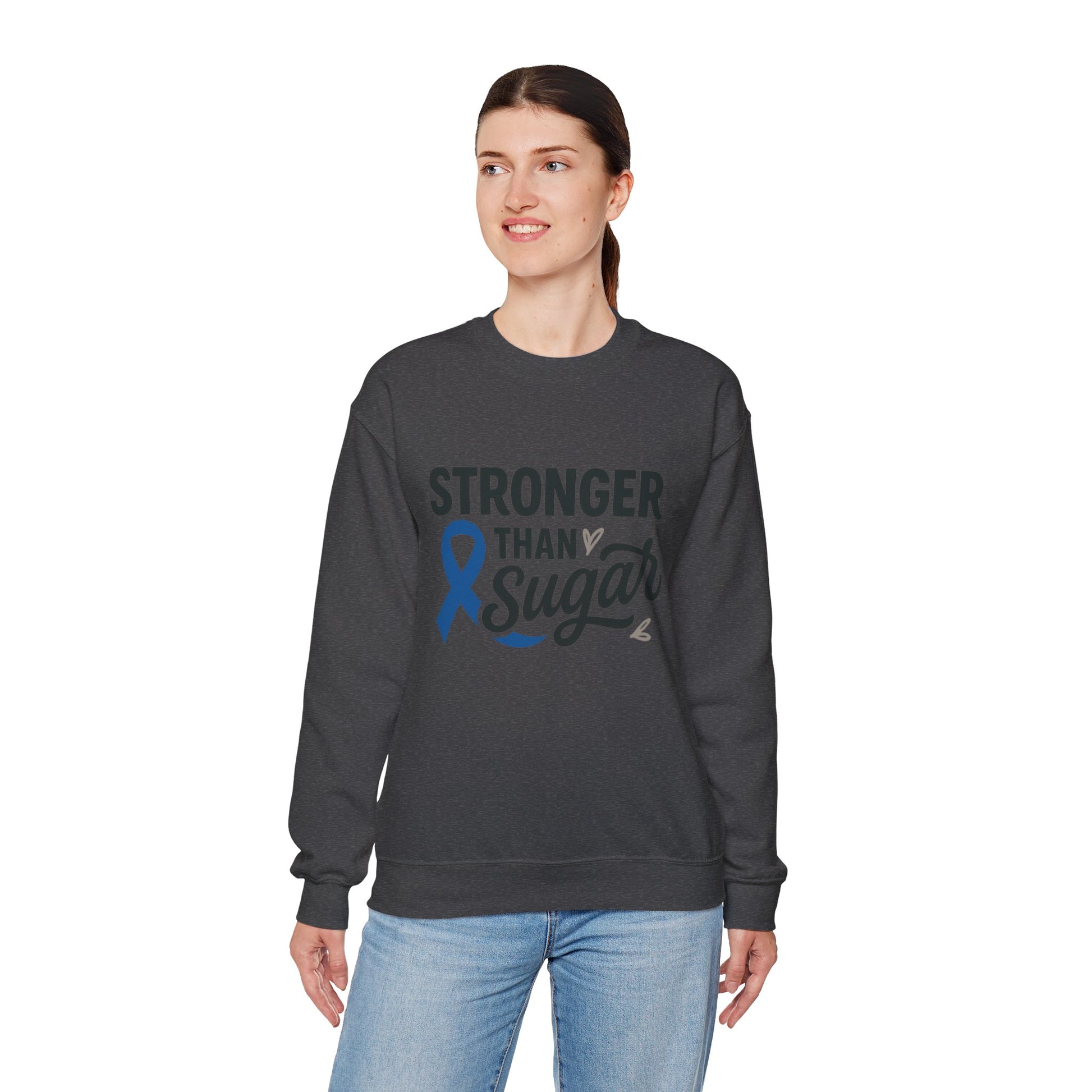Female model in heather gray Stronger Than Sugar sweatshirt — unisex fleece awareness apparel showing diabetes ribbon and message of strength.