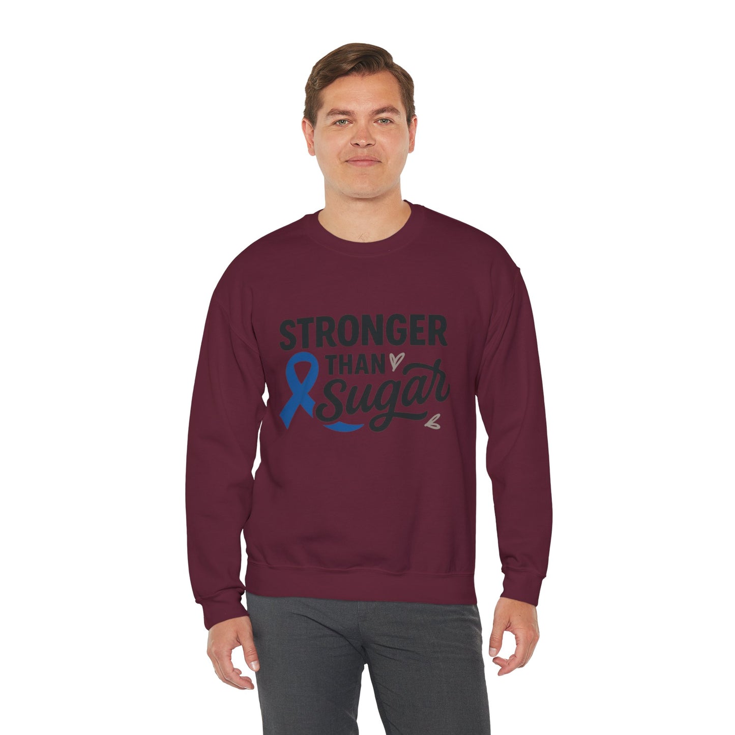 Male model wearing maroon Stronger Than Sugar crewneck sweatshirt — unisex awareness sweater with ribbon design supporting diabetes community and resilience.