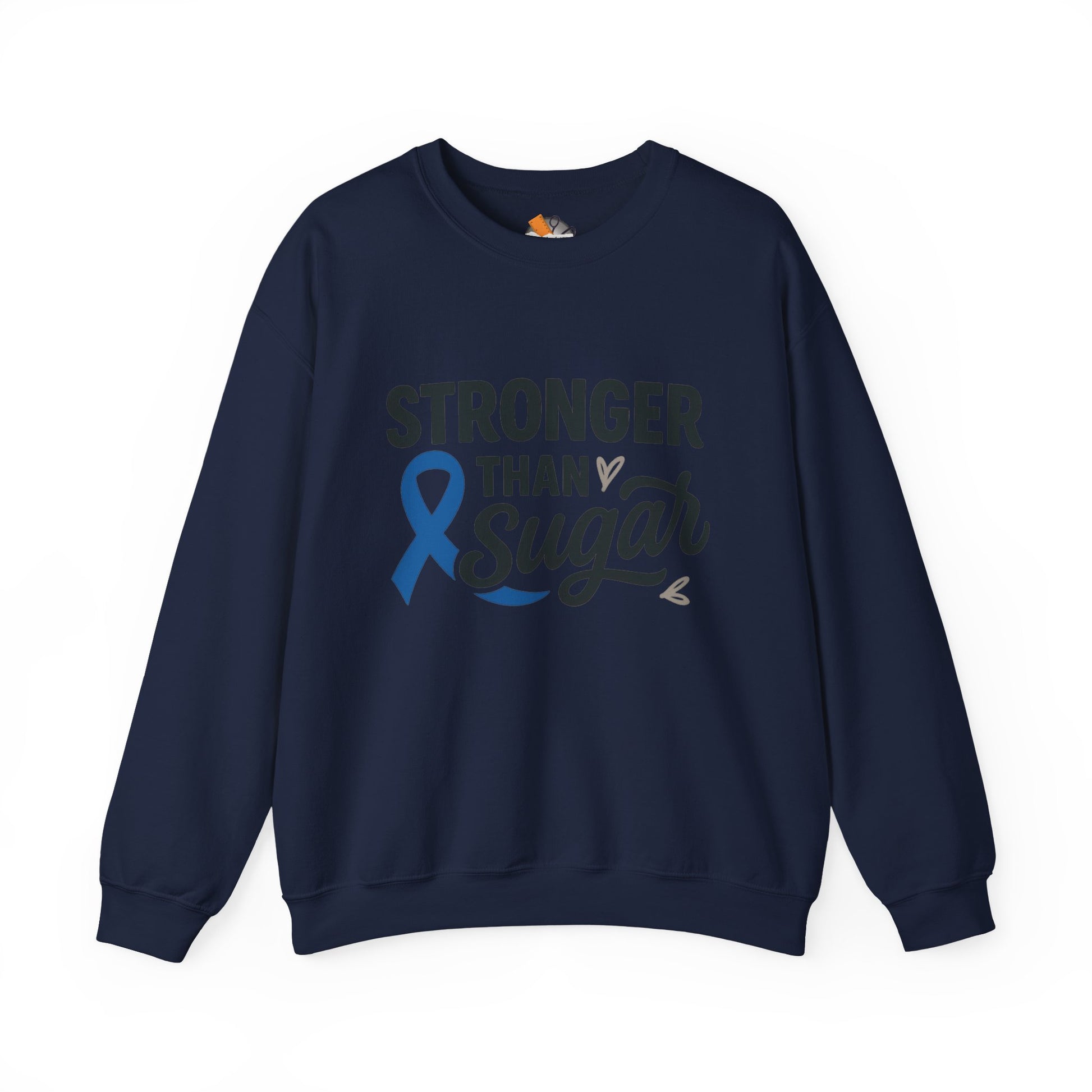 Main view of navy blue Stronger Than Sugar crewneck sweatshirt — classic fleece unisex design promoting diabetes awareness and health empowerment.