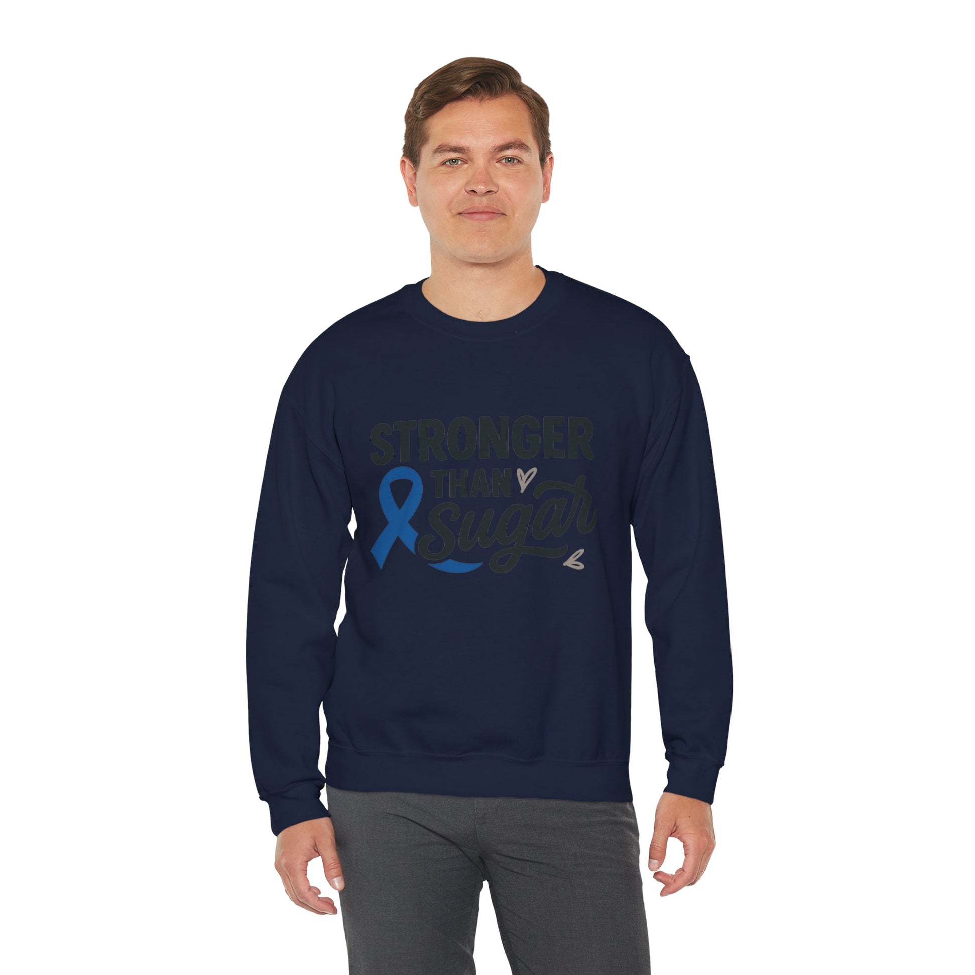 Male model wearing navy Stronger Than Sugar crewneck sweatshirt — unisex awareness sweater featuring blue ribbon symbol for diabetes advocacy.
