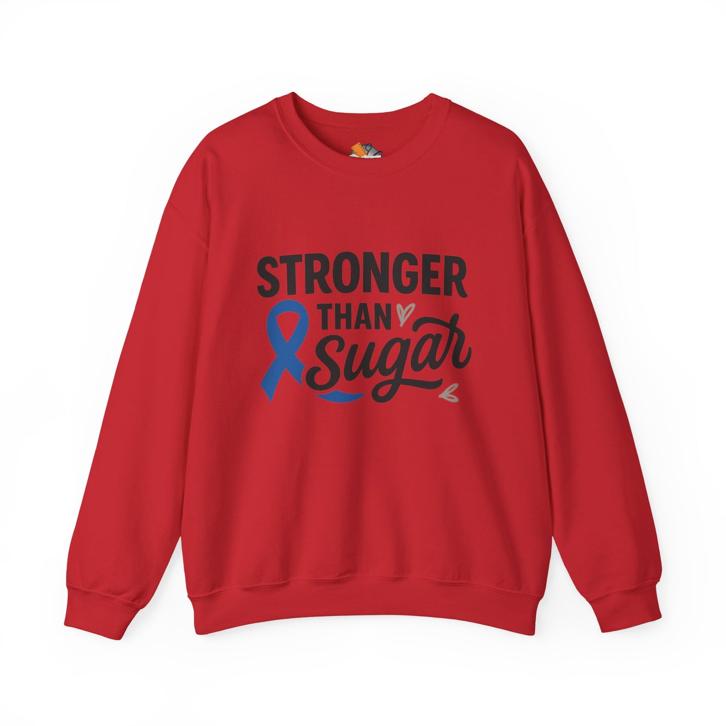 Main view of red Stronger Than Sugar crewneck sweatshirt — classic unisex fleece designed for diabetes awareness and lifestyle empowerment.