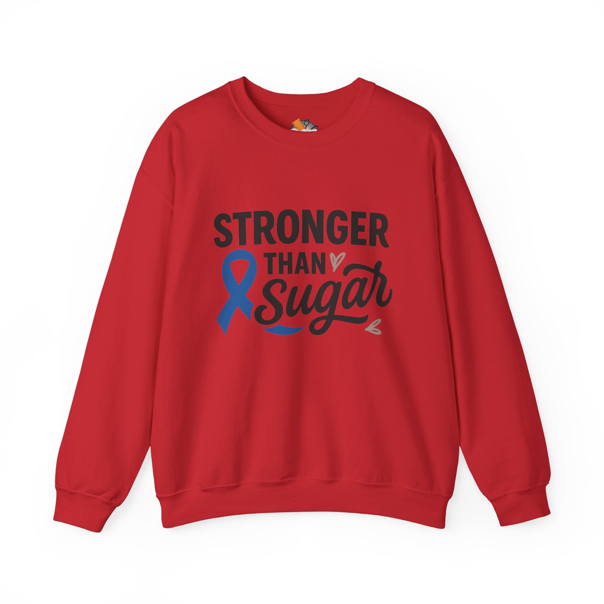 Main view of red Stronger Than Sugar crewneck sweatshirt — classic unisex fleece designed for diabetes awareness and lifestyle empowerment.