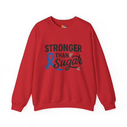 Main view of red Stronger Than Sugar crewneck sweatshirt — classic unisex fleece designed for diabetes awareness and lifestyle empowerment.