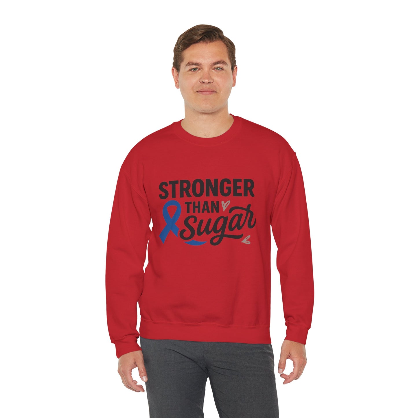 Male model wearing red Stronger Than Sugar crewneck sweatshirt — unisex awareness sweater for diabetes advocacy and everyday comfort.