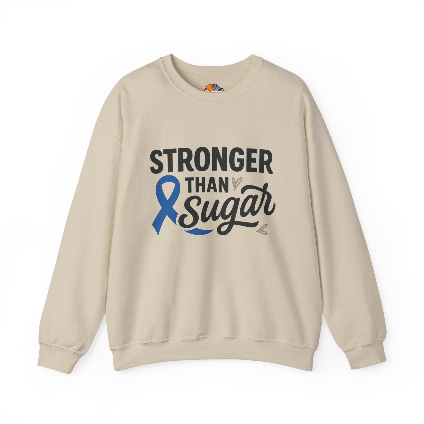 Main view of sand Stronger Than Sugar crewneck sweatshirt — classic unisex fleece for diabetes awareness and health empowerment apparel.