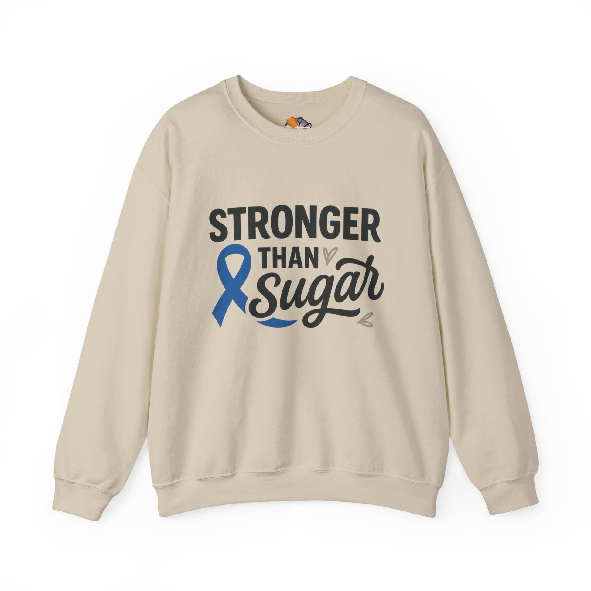 Main view of sand Stronger Than Sugar crewneck sweatshirt — classic unisex fleece for diabetes awareness and health empowerment apparel.