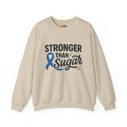 Main view of sand Stronger Than Sugar crewneck sweatshirt — classic unisex fleece for diabetes awareness and health empowerment apparel.