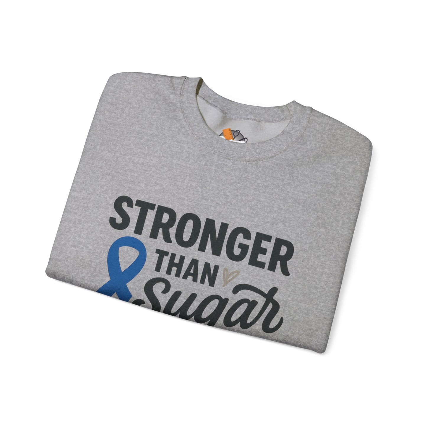 Folded sport grey Stronger Than Sugar sweatshirt with blue diabetes ribbon — cozy unisex awareness apparel inspiring strength and resilience.