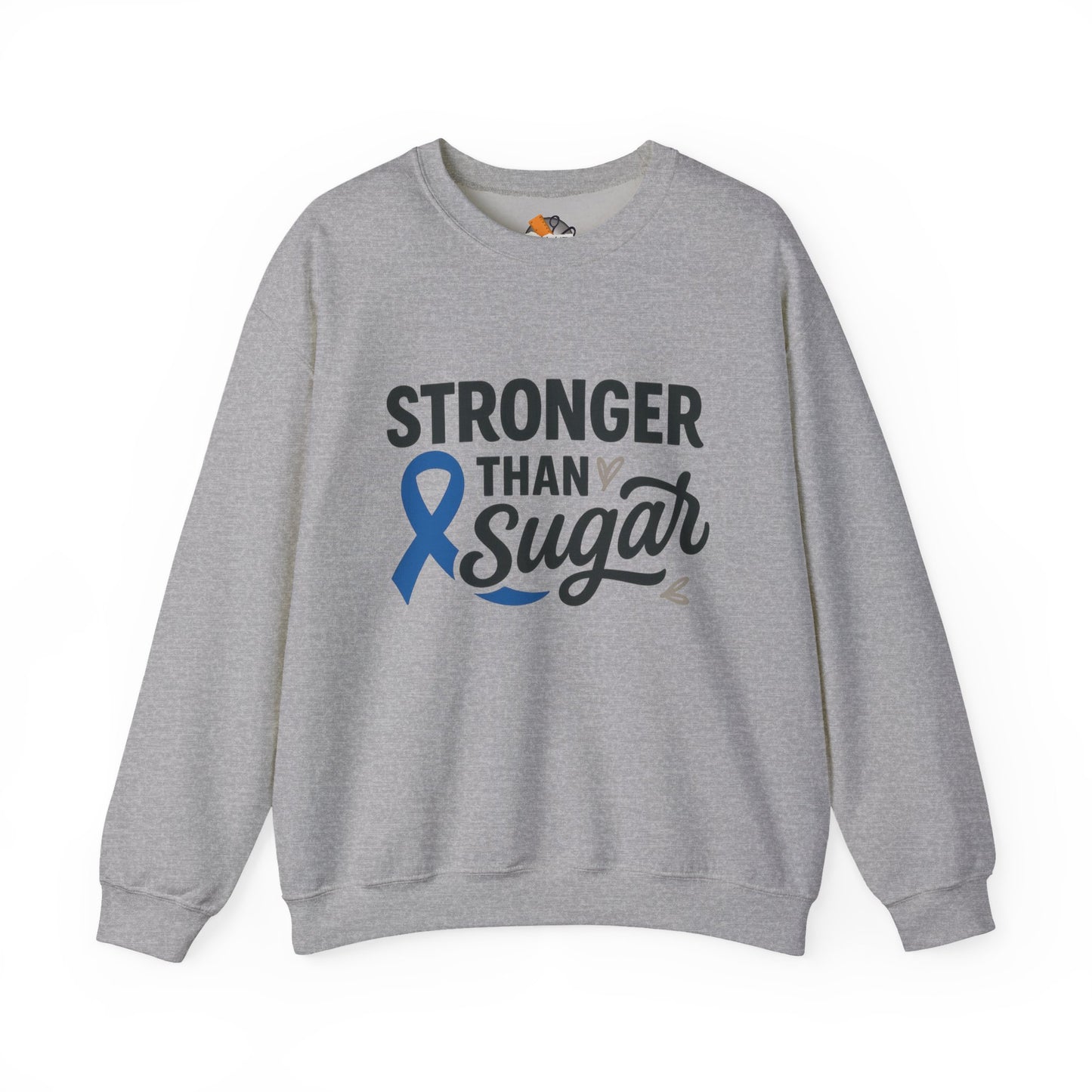 Main view of sport grey Stronger Than Sugar crewneck sweatshirt — soft unisex fleece promoting diabetes awareness, strength, and daily comfort.