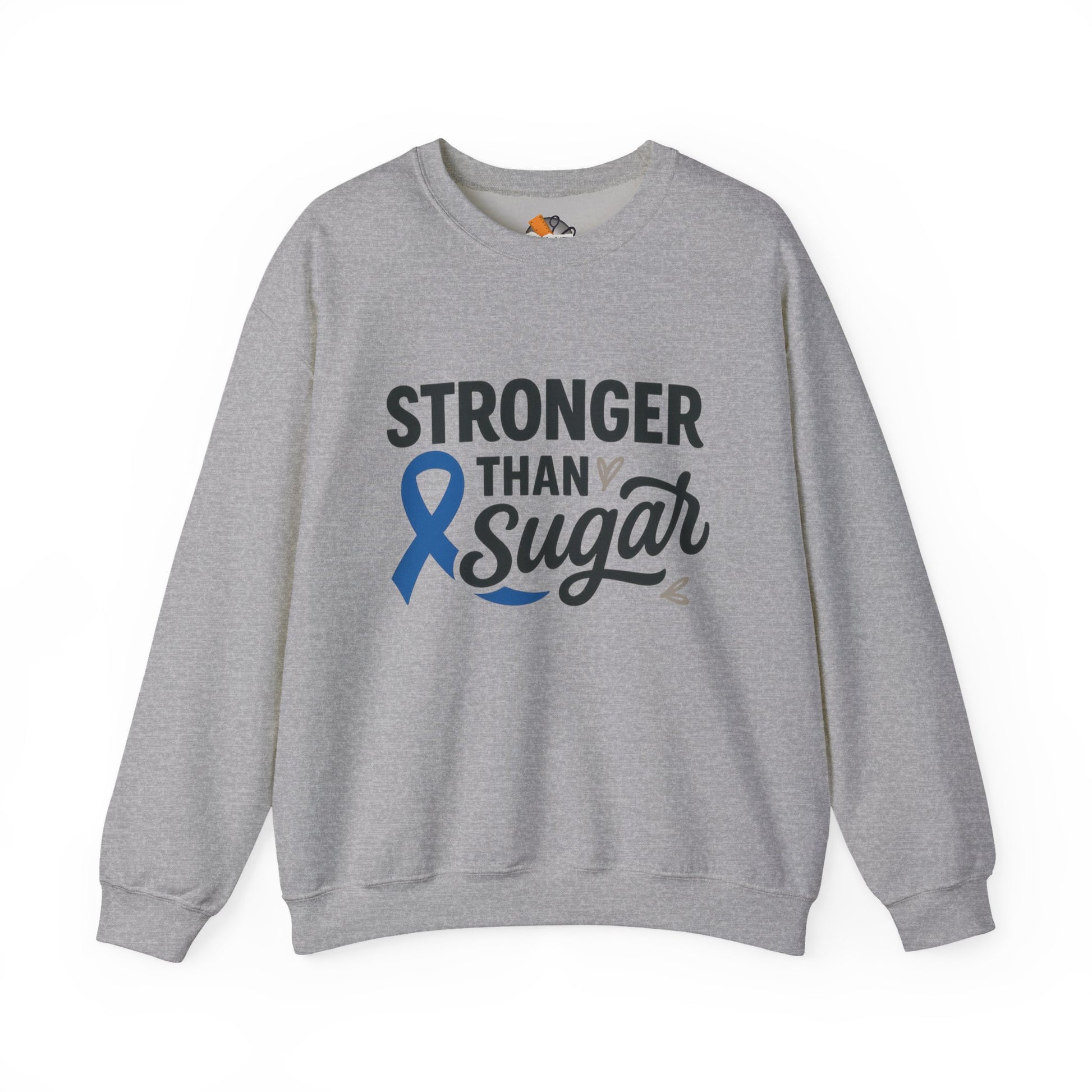 Main view of sport grey Stronger Than Sugar crewneck sweatshirt — soft unisex fleece promoting diabetes awareness, strength, and daily comfort.