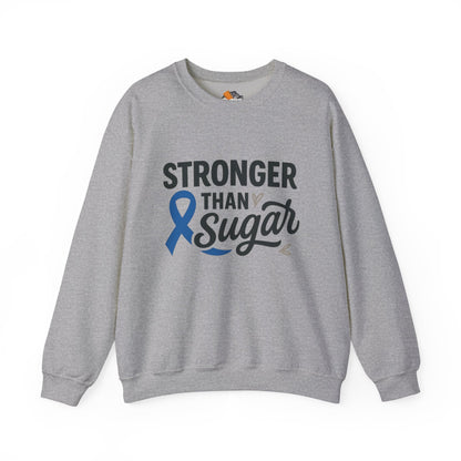 Main view of sport grey Stronger Than Sugar crewneck sweatshirt — soft unisex fleece promoting diabetes awareness, strength, and daily comfort.