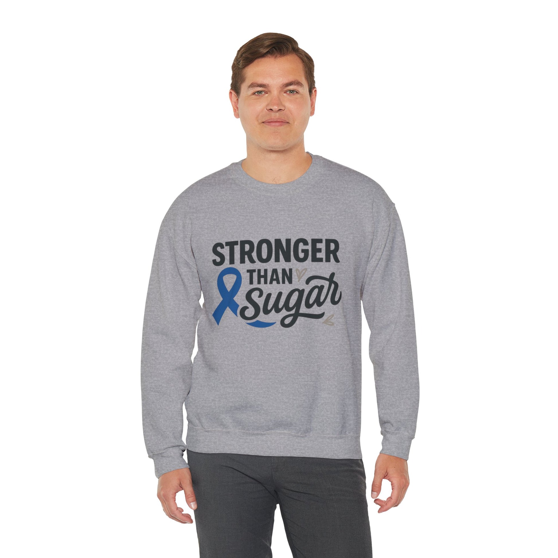 Male model wearing sport grey Stronger Than Sugar crewneck sweatshirt — unisex fleece featuring diabetes awareness ribbon and motivational message.