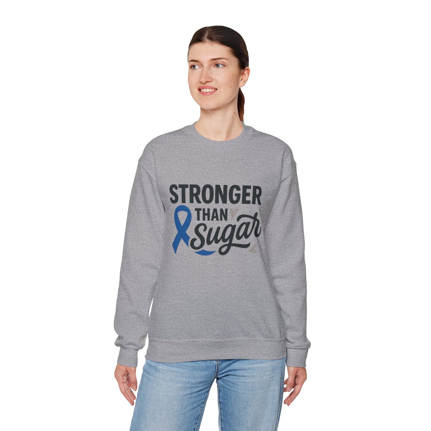 Female model in sport grey Stronger Than Sugar sweatshirt — unisex awareness crewneck designed for comfort and advocacy in diabetes awareness.
