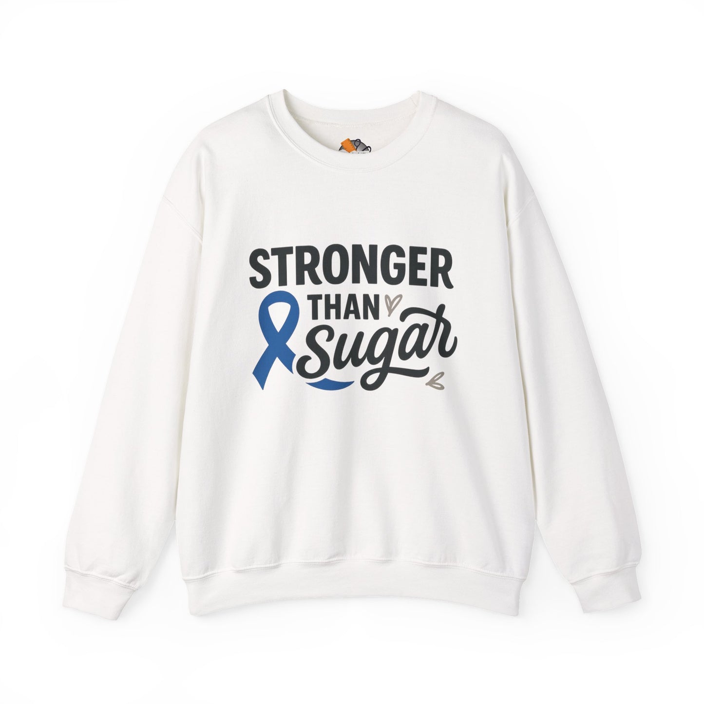 Main view of white Stronger Than Sugar crewneck sweatshirt — classic unisex fleece for diabetes awareness and everyday empowerment.