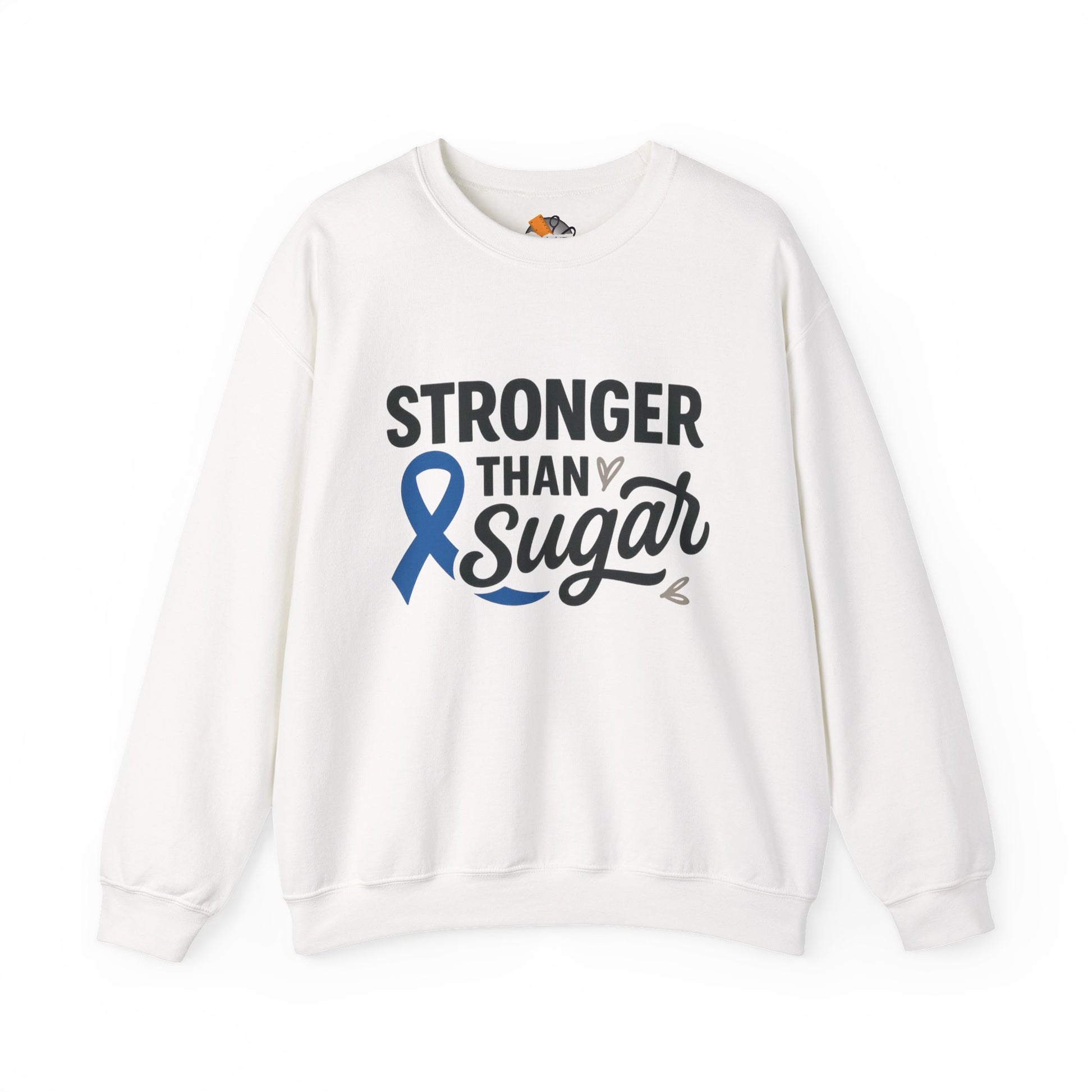Main view of white Stronger Than Sugar crewneck sweatshirt — classic unisex fleece for diabetes awareness and everyday empowerment.