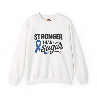 Main view of white Stronger Than Sugar crewneck sweatshirt — classic unisex fleece for diabetes awareness and everyday empowerment.